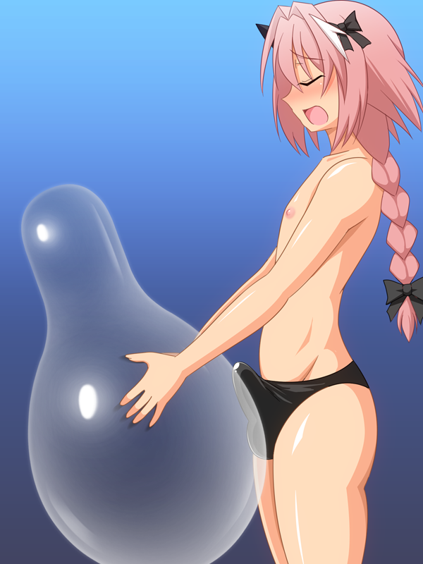 1boy 2d 2d_(artwork) ass astolfo_(fate) balloon balloon_fetish balls balls_in_panties blush bow bowtie braids bulge bulge_through_clothing butt erection eyes_closed fate/grand_order fate_(series) femboy genzaburoh girly light-skinned_male light_skin long_hair male male_focus masturbation nipples open_mouth penis penis_in_panties pink_hair shiny_skin simple_background solo