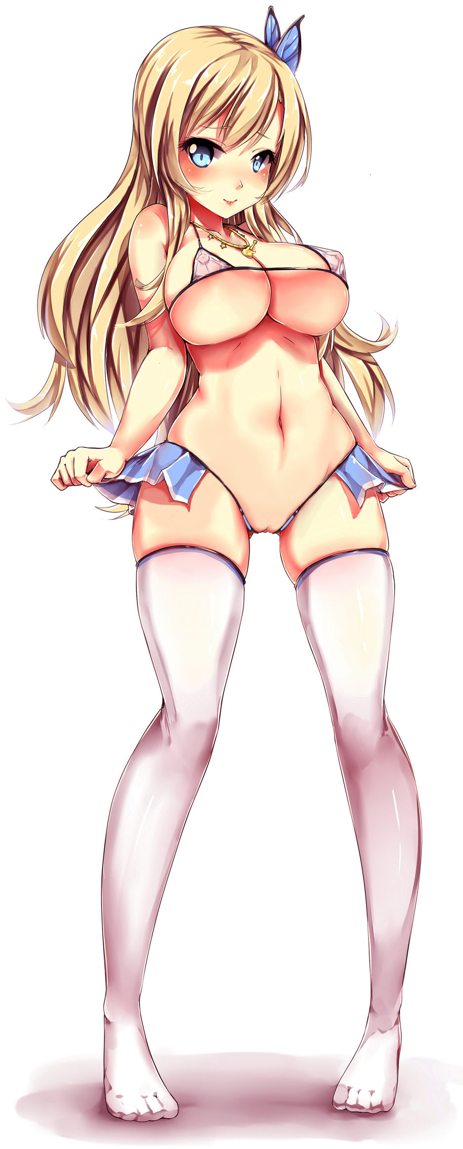 1girls, bikini, blonde hair, blue eyes, blush, boku wa tomodachi ga sukunai, breasts, butterfly hair ornament, cameltoe, cleavage, erect nipples, female, female only, full body, hair ornament, highres, jewelry, kashiwazaki sena, large breasts, long hair, looking at viewer, micro bikini, microskirt, navel, necklace, nipples, open skirt, packge, pussy, pussy cutout, revealing clothes, see-through, showgirl skirt, simple background, skimpy clothes, skirt, skirt lift, smile, solo, standing, stockings, swimsuit, tagme, teenage girl, thighhighs, uncensored, white background, white legwear