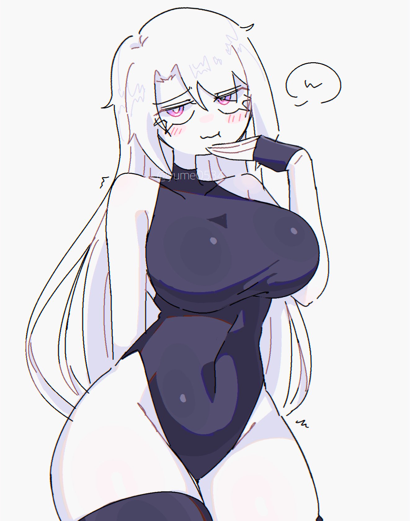 animal ears, big breasts, black clothes, black suit, blue background, dog ears, dog humanoid, dog tail, heart, huge breasts, huge thighs, long hair, oc, original character, pink eyes, purple eyes, purple hair, sana (yume0534), squatting, suit, thighs, white hair, white skin, yume0534