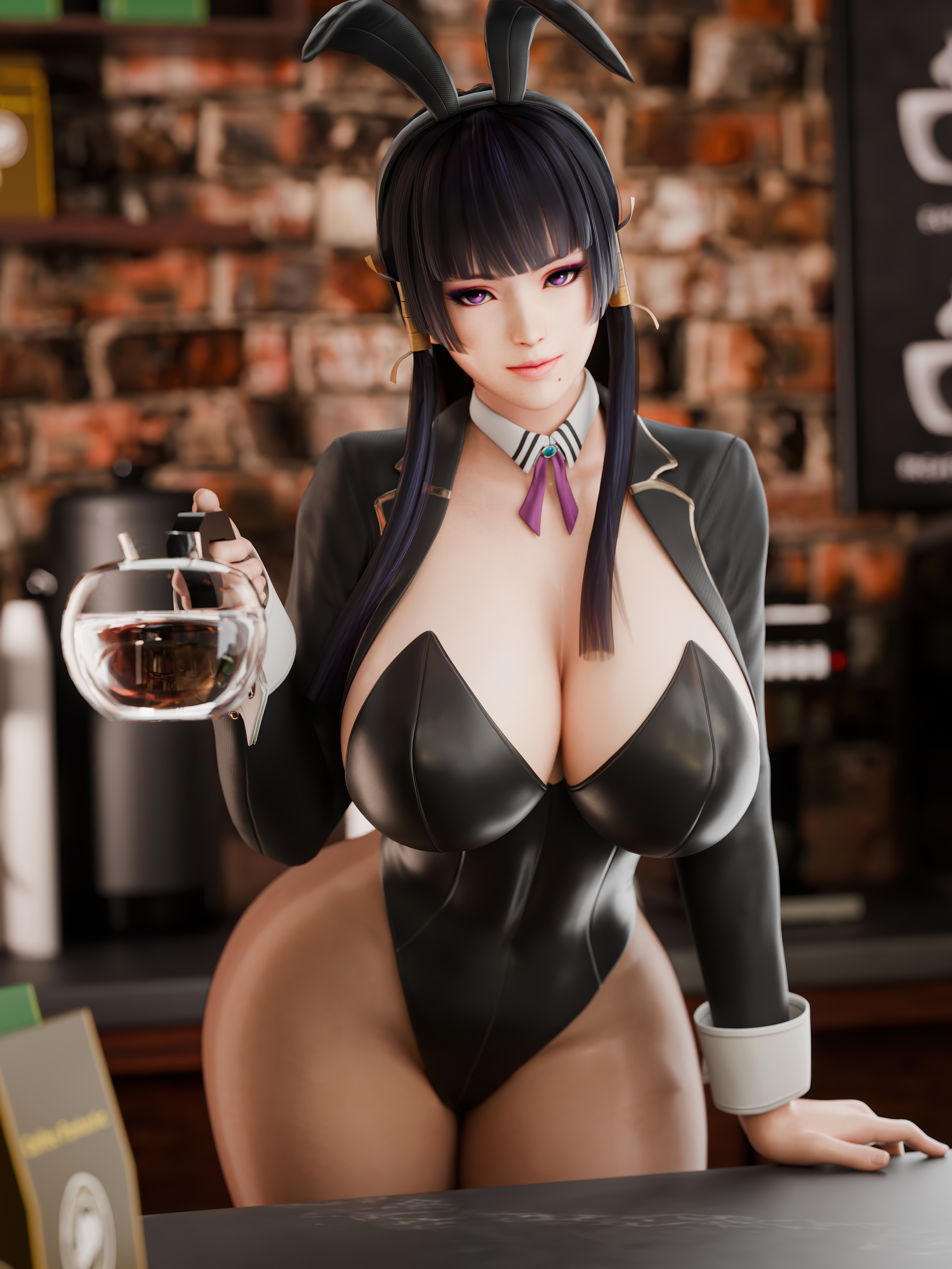 3d, 3d model, 3d render, asian, asian female, big breasts, breasts, bunny costume, bunny ears, bunny tail, bunnysuit, cafe, cleavage, curvy, curvy female, curvy figure, dead or alive, doatengu, huge breasts, large breasts, nyotengu, pantyhose, sexy, sexy body, sexy female, small waist, thick thighs, thighs, wide hips, x ecl1pse