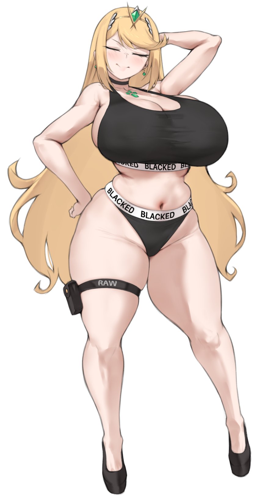 1girls, aster crowley, big breasts, blacked, blacked clothing, blonde hair, breasts, female, light skin, light-skinned female, long hair, mythra, mythra (xenoblade), raceplay, solo, thighs, underwear, voluptuous, white background, wide hips, xenoblade (series), xenoblade chronicles 2