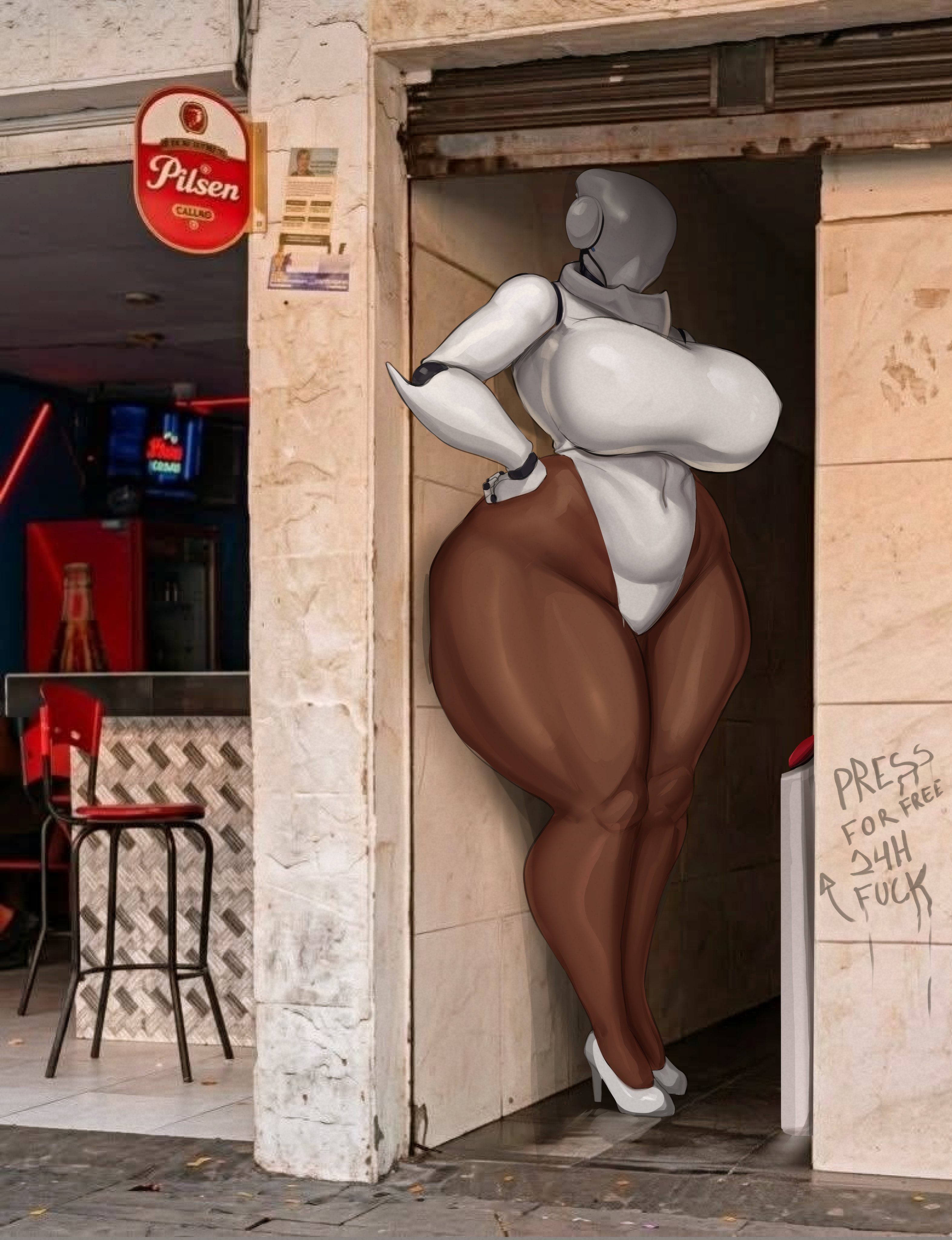 1girls, 4k, a chance encounter, absurd res, alley, alleyway milf (meme), breasts, button, child bearing hips, colombia, curvaceous, curvaceous body, curvaceous female, curvaceous figure, curvy, curvy body, curvy female, curvy figure, cyborg, dark skin, dark-skinned female, english text, faceless female, female, female only, focus, free to use, free use, hand on hip, haydee, haydee (game), hi res, high heels, hips, hourglass figure, huge breasts, inviting, inviting to sex, jebjebbz, large breasts, large female, leaning against wall, leaning back, leotard, mature, mature female, mechanical, mechanical arm, mechanical arms, meme, meme reference, midnightleen, milf, navel, navel visible through clothes, no panties, outdoors, outside, robot, robot arm, robot arms, robot girl, solo, solo female, solo focus, tagme, thick thighs, thighs, thighs bigger than head, voluptuous, voluptuous female, white high heels, white leotard, wide hips