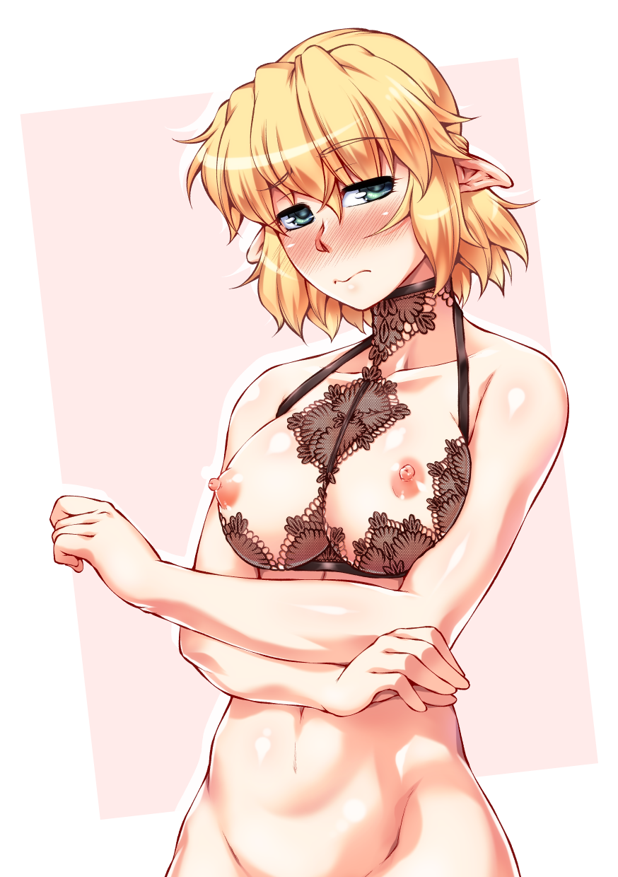 alternate_costume bare_arms blonde_hair blush bottomless bra breastless_clothes breasts closed_mouth collarbone cowboy_shot embarrassed female green_eyes groin highres lace looking_at_viewer medium_breasts mizuhashi_parsee navel nipples nose_blush ootsuki_wataru out-of-frame_censoring pointy_ears puffy_nipples revealing_clothes shelf_bra short_hair solo stomach touhou underwear