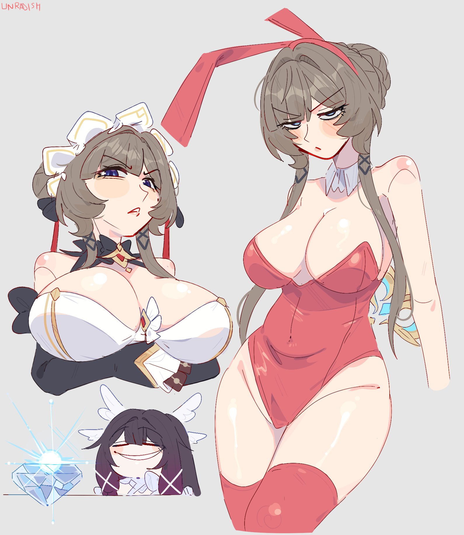 2026, big breasts, bunny ears, bunnysuit, columbina (genshin impact), genshin impact, huge breasts, infamcantaloupe, sandrone (genshin impact), tagme, unfamousradish