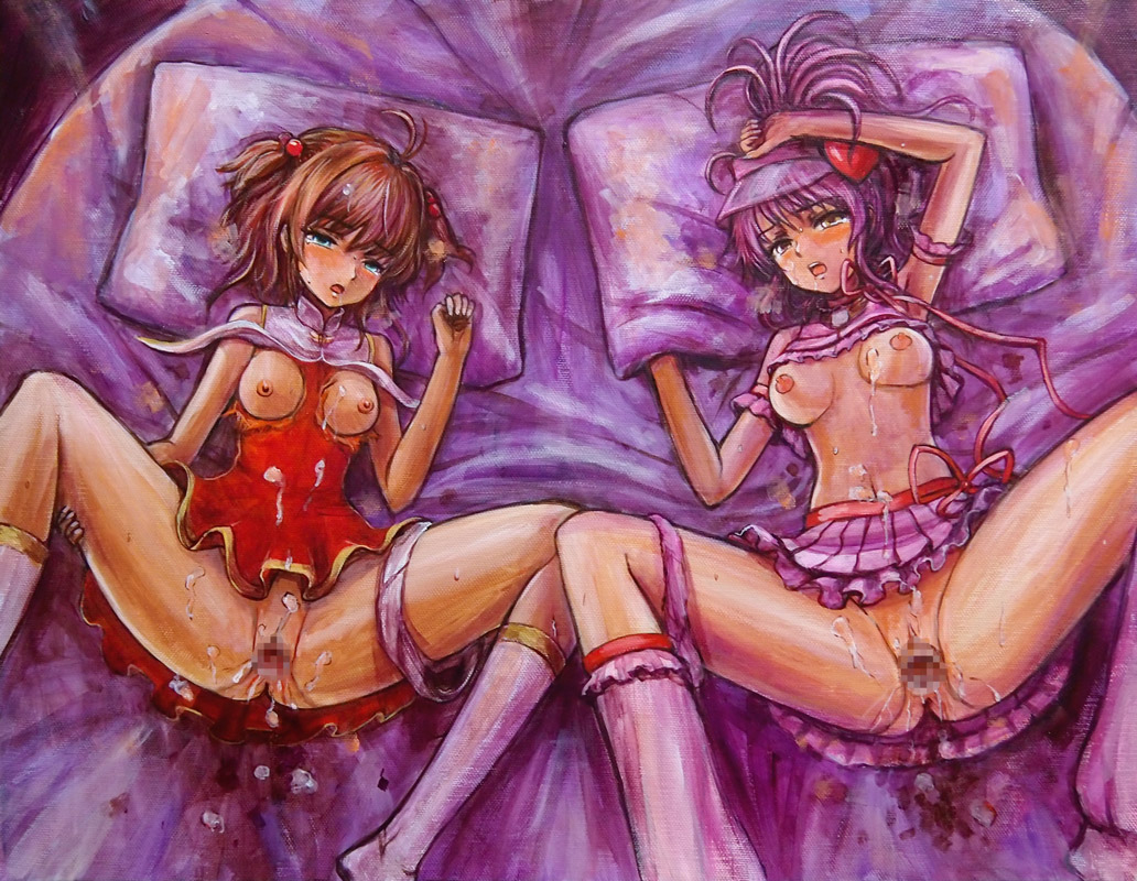 2girls after_sex amu_hinamori breasts brown_hair cardcaptor_sakura censored clothing crossover cum female female_only green_eyes hat human light-skinned_female light_skin magical_girl multiple_girls open_mouth panties panties_around_one_leg pillow pink_hair pussy sakura_kinomoto shirt_lift short_hair shugo_chara shugo_chara! skirt small_breasts spread_legs torn_clothes yellow_eyes