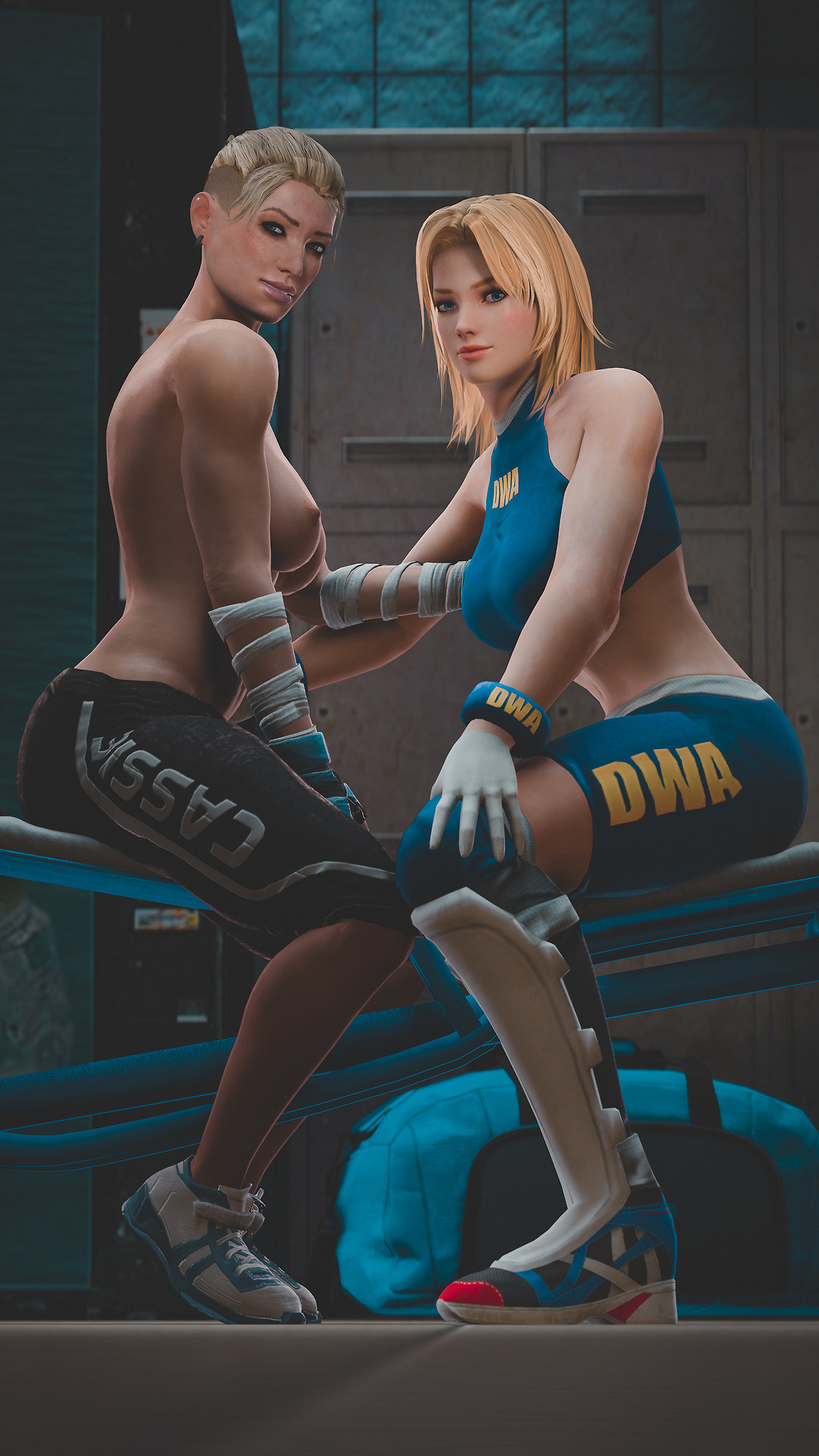 2017, 2girls, 3d, 5 fingers, absurdres, areolae, bare calves, big breasts, blonde hair, blue eyes, blush, breasts, calves, cassie cage, crossover, dead or alive, earrings, eyebrows, eyelashes, female, fingerless gloves, gym, hair, hands, human, lips, lipstick, long hair, looking at viewer, mortal kombat, mortal kombat x, multiple females, multiple girls, nipples, nose, pants, shiny, shiny skin, shoes, sitting, slop art, source filmmaker, sports bra, stomach, tina armstrong