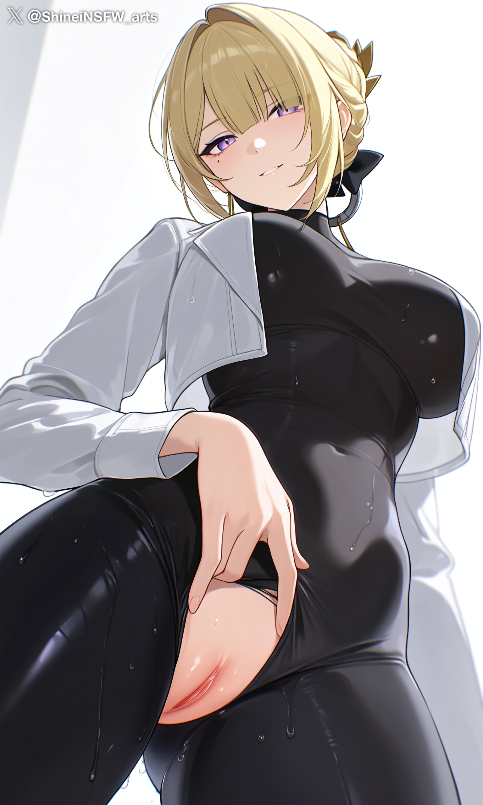 ai generated, artist name, black latex, blonde hair, blush, bodysuit aside, dripping pussy, evelyn chevalier, explicit pussy, female, gloves, large breasts, latex suit, long hair, looking at viewer, nipples, nude, open jacket, purple eyes, pussy juice, shineinsfw, shiny skin, smile, solo, sweat, wet skin, white jacket, zenless zone zero