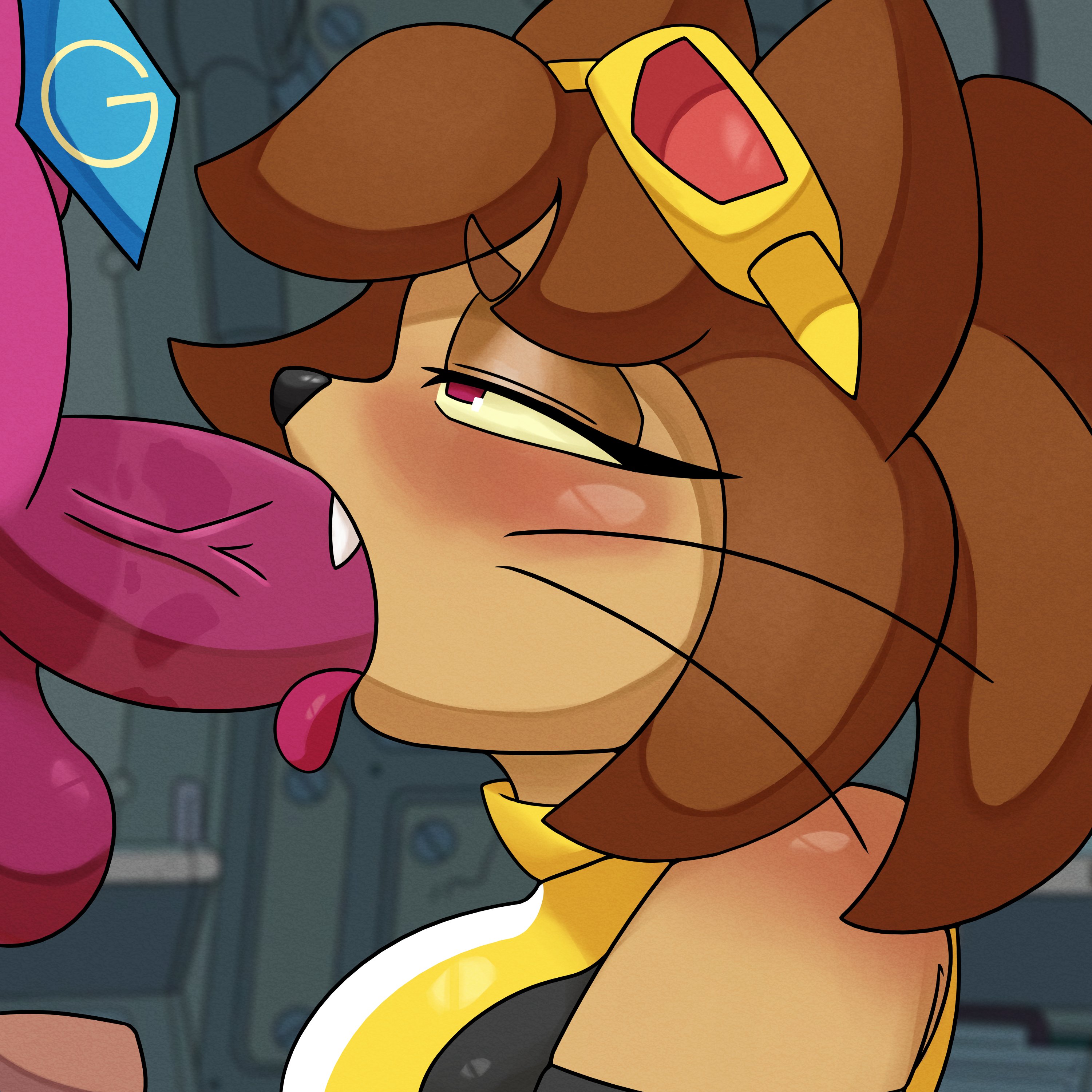 1boy, 1girls, animal ears, anthro, anthro female, anthro on anthro, anthro only, anthro penetrated, anthro penetrating, anthro penetrating anthro, anthrofied, ass, balls, beige fur, bent over, big ass, big balls, big breasts, big penis, blowjob, breasts, brown fur, brown hair, cat, cat ears, cat tail, dialogue, domestic cat, duo, english text, eyewear on head, felid, feline, feline humanoid, fellatio, female, female penetrated, fur, furry, furry female, gameoverse, glitch productions, gobbles (gameoverse), goggles on head, hanging breasts, huge cock, kit (gameoverse), larger female, magenta body, male, male penetrating, male penetrating female, male/female, necktie, nude, nude female, nude male, oral, oral penetration, oral sex, purple eyes, scalie, size difference, small but hung, smaller male, speech bubble, tail, text, whiskers, yuzlutt
