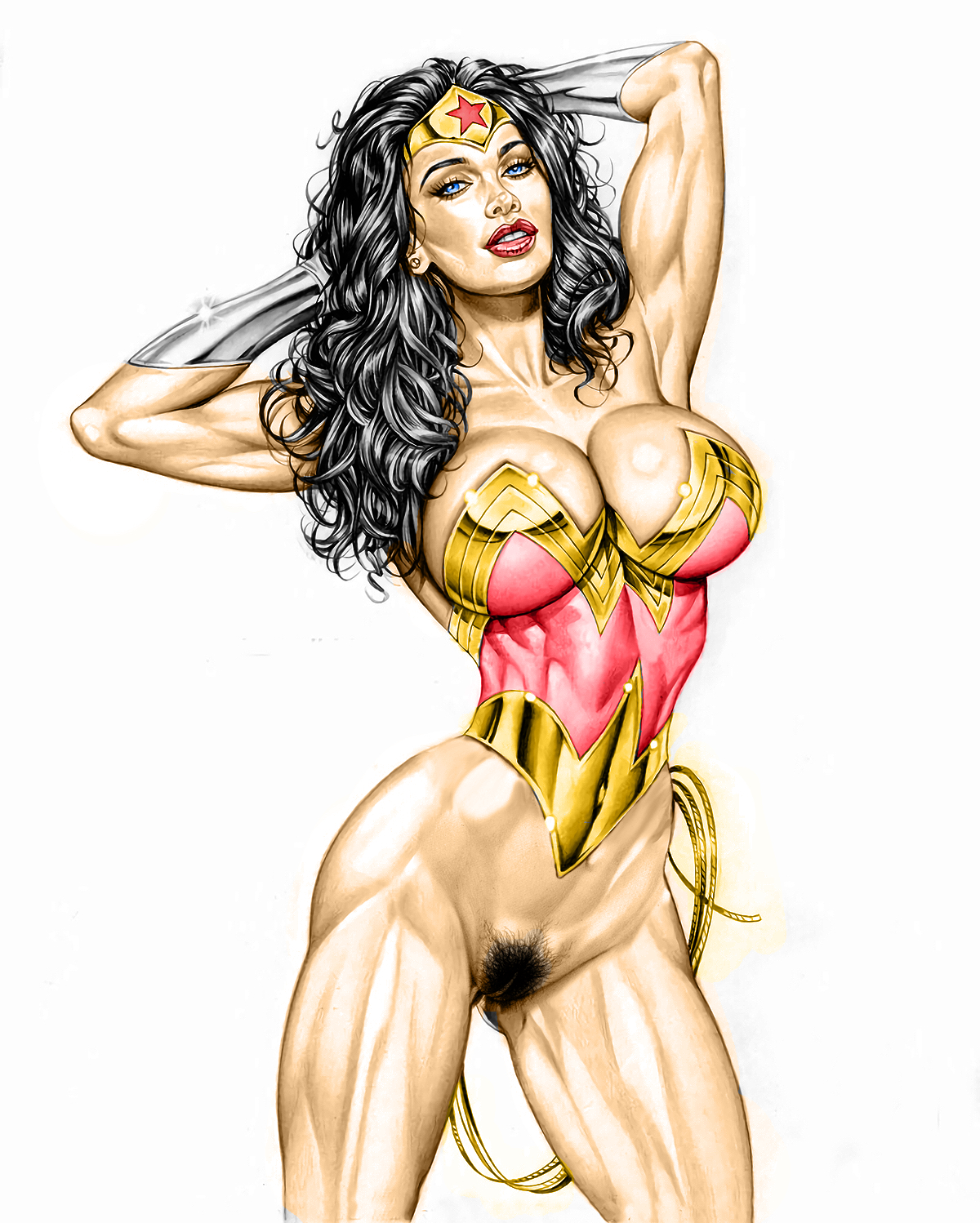 1girls, actress, armando huerta, armpits, bare shoulders, belly, bimbo, black hair, blue eyes, bracelet, breasts, celebrity, cleavage, colored, cosplay, covered breasts, eyelashes, female, female only, high resolution, hips, hourglass figure, jewelry, large breasts, lasso, lasso of truth, legs, lips, lipstick, long hair, makeup, megan fox, navel, pubic hair, pussy, red lips, red lipstick, simple background, solo, tagme, thighs, tiara, topless, vagina, white background, wonder woman (cosplay)
