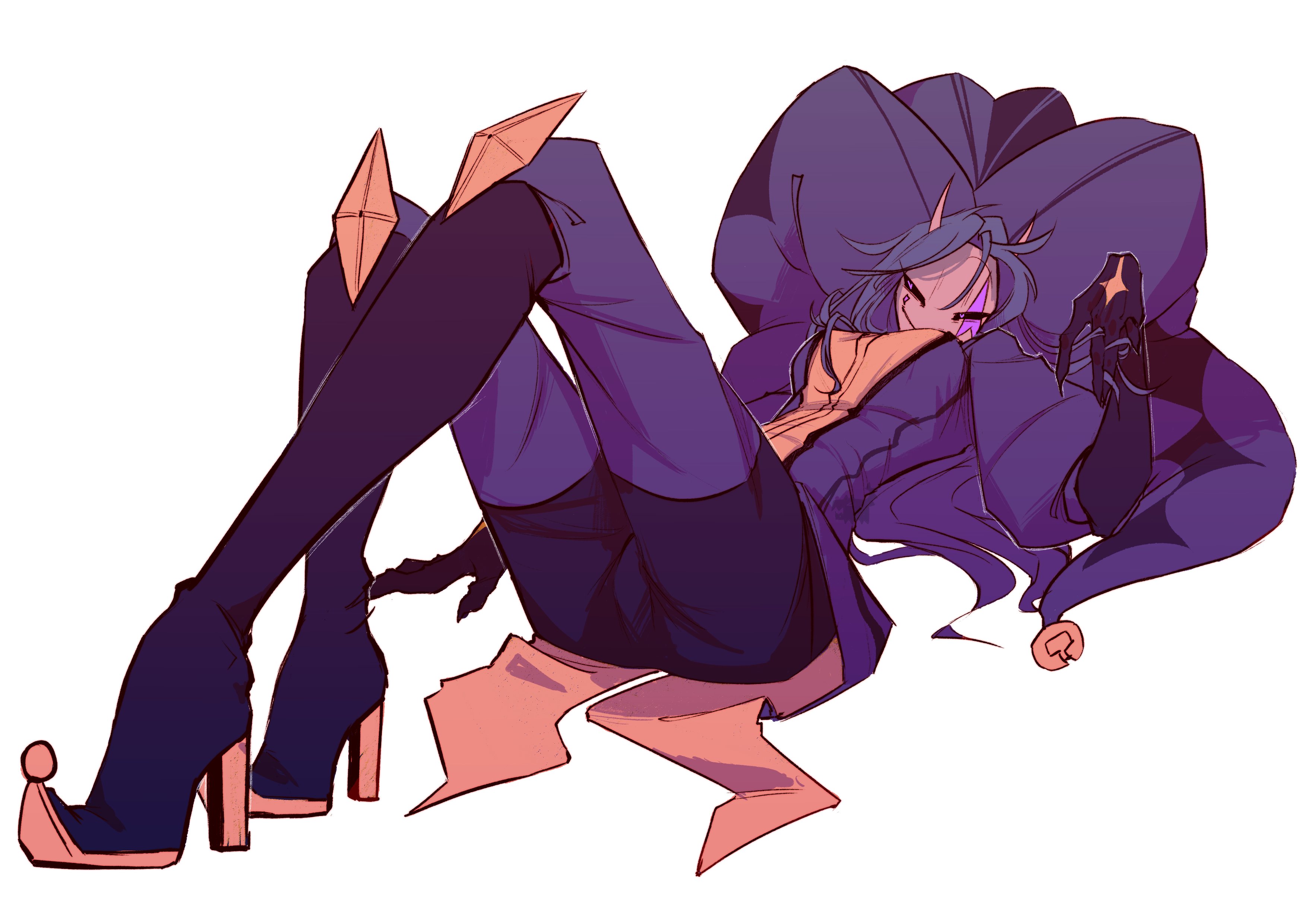 aggressivedog01 (artist), clothed female, female, genderswap, genderswap (mtf), gold markings, heels, heels focus, jester, jester (the freak circus), long legs, purple clothing, purple eyes, purple hair, rule 63, seductive, seductive gaze, seductive look, seductive smile, sfw, solo, solo female, solo focus, the freak circus, thin legs, thin waist