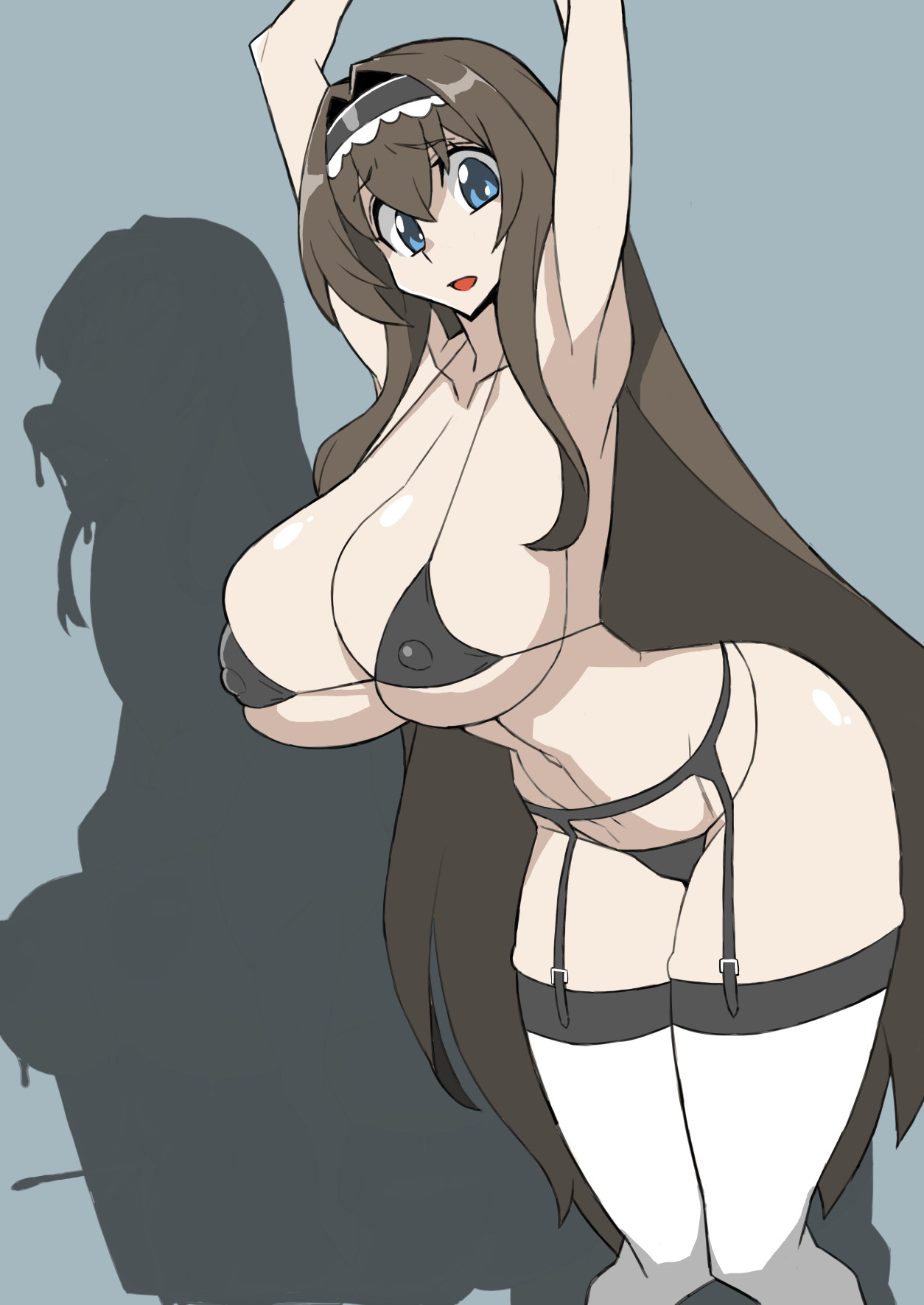 1girl, 2026, before and after, before transformation, big ass, big ass (female), big breasts, big butt, black bra, black lingerie, blue eyes, bra, breasts, breasts bigger than head, brown hair, code geass, code geass: lost stories, dorse, grey background, hands up, hi res, highres, huge breasts, human, implied transformation, large breasts, legwear, lingerie, long hair, looking at viewer, maid, maid outfit, maid uniform, maya disel, nikujuu uc, nipple bulge, nipples, nipples visible through clothing, open mouth, partially clothed, queen's stallion, restrained, silhouette, silhouetted body, simple background, solo, solo female, solo focus, stockings, thick thighs, transformation, voluptuous, white stockings