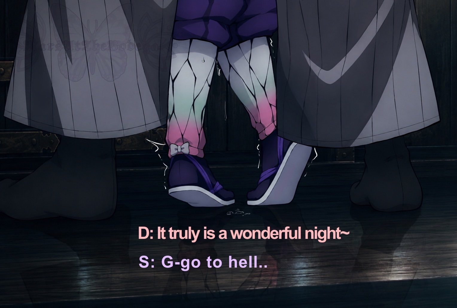 artist request, clothed, clothed sex, clothes, clothing, demon slayer, dominant male, douma, dubious consent, female, fucked, fucked from behind, fucked into submission, implied penetration, implied sex, implied sex from between legs, kimetsu no yaiba, kochou shinobu, larger male, male, rape, shinobu kocho, shivering, smaller female, submissive female, trembling, trembling lines