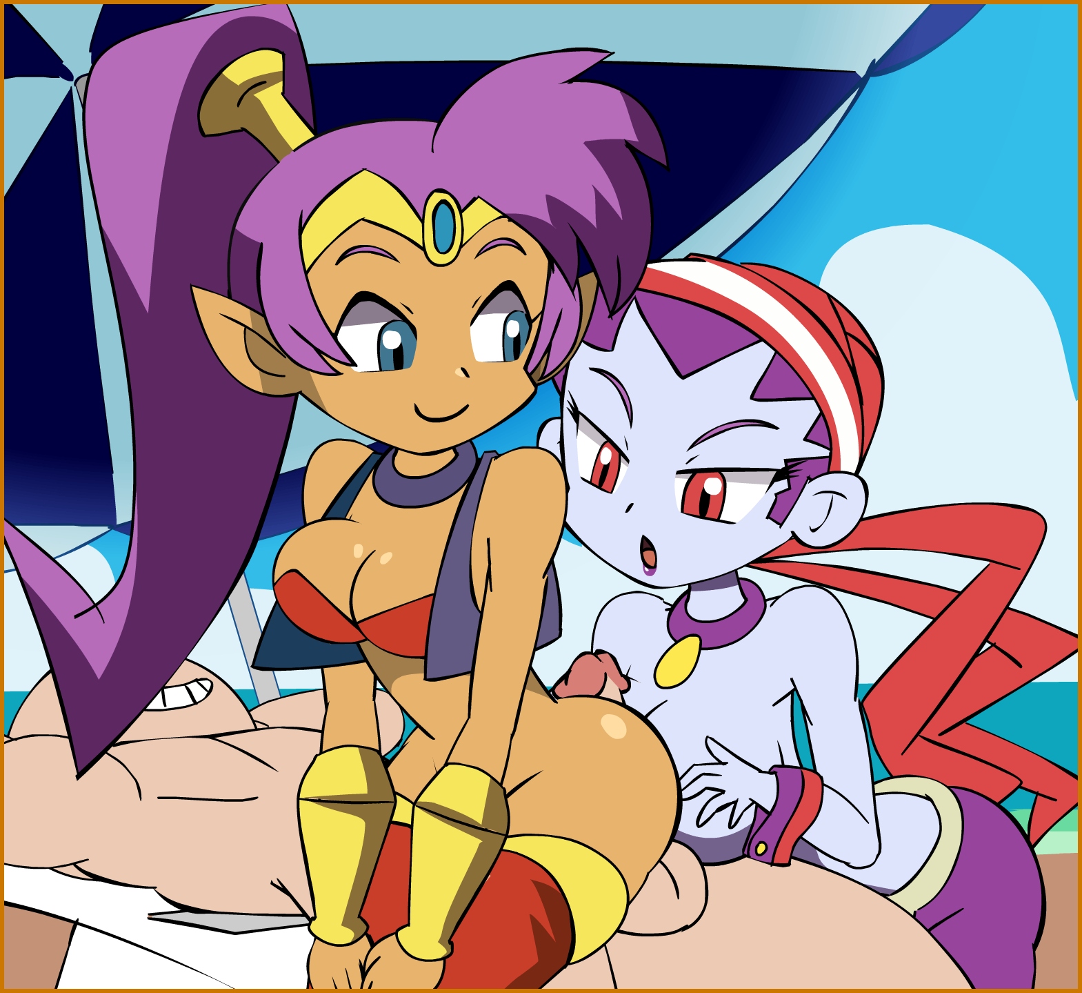 1boy, 2girls, ass, assjob, breasts, buttjob, buttjob/paizuri, faceless male, female, male, minus8, multiple females, multiple girls, paizuri, risky boots, shantae, shantae (character), smooth skin, straight, wayforward