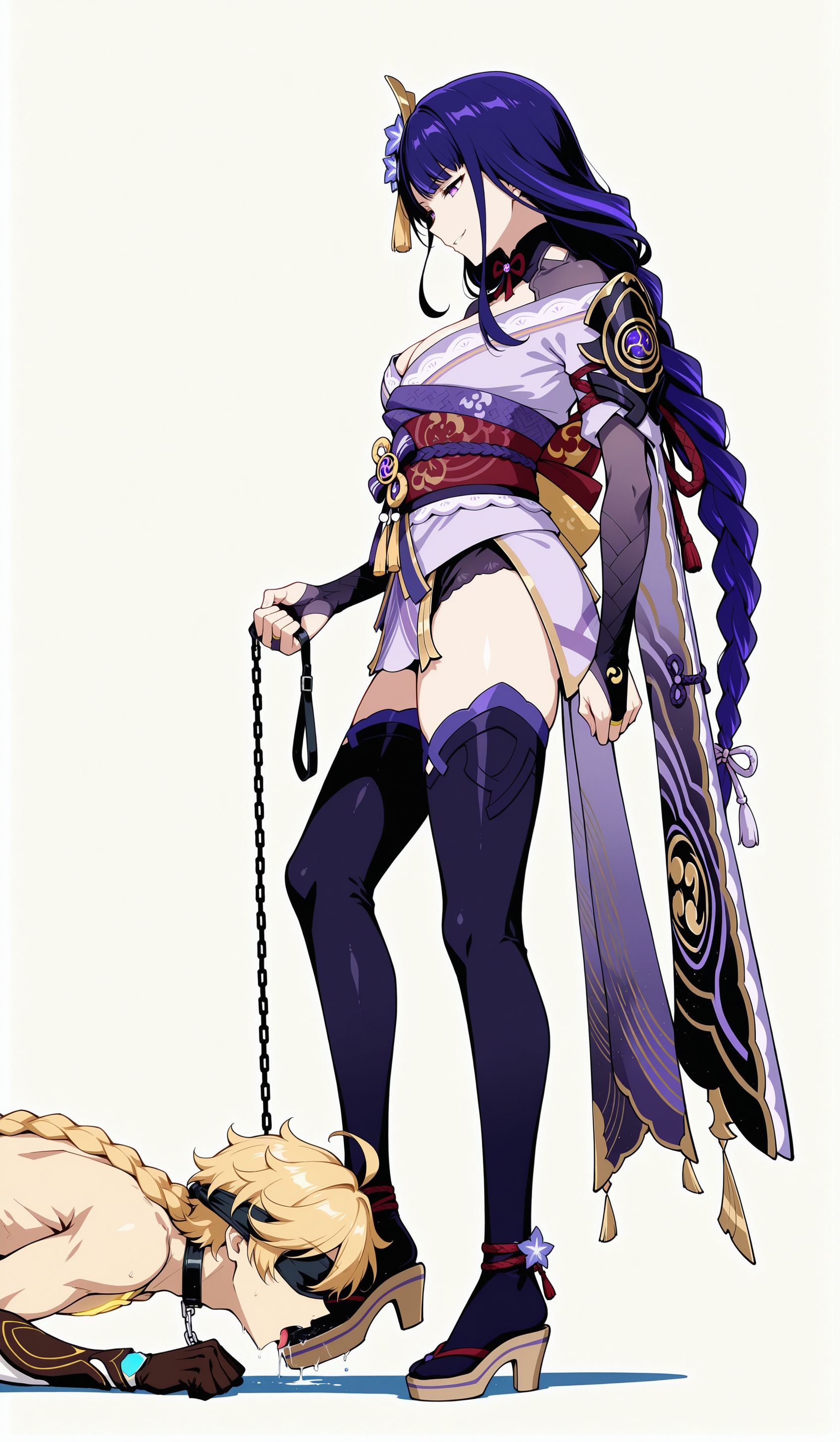aether (genshin impact), ai generated, blindfolded, boot fetish, boots, dominant female, elkazama yumi, femdom, foot fetish, foot lick, foot worship, footwear, genshin impact, licking foot, licking footwear, nude male, raiden shogun, submissive male