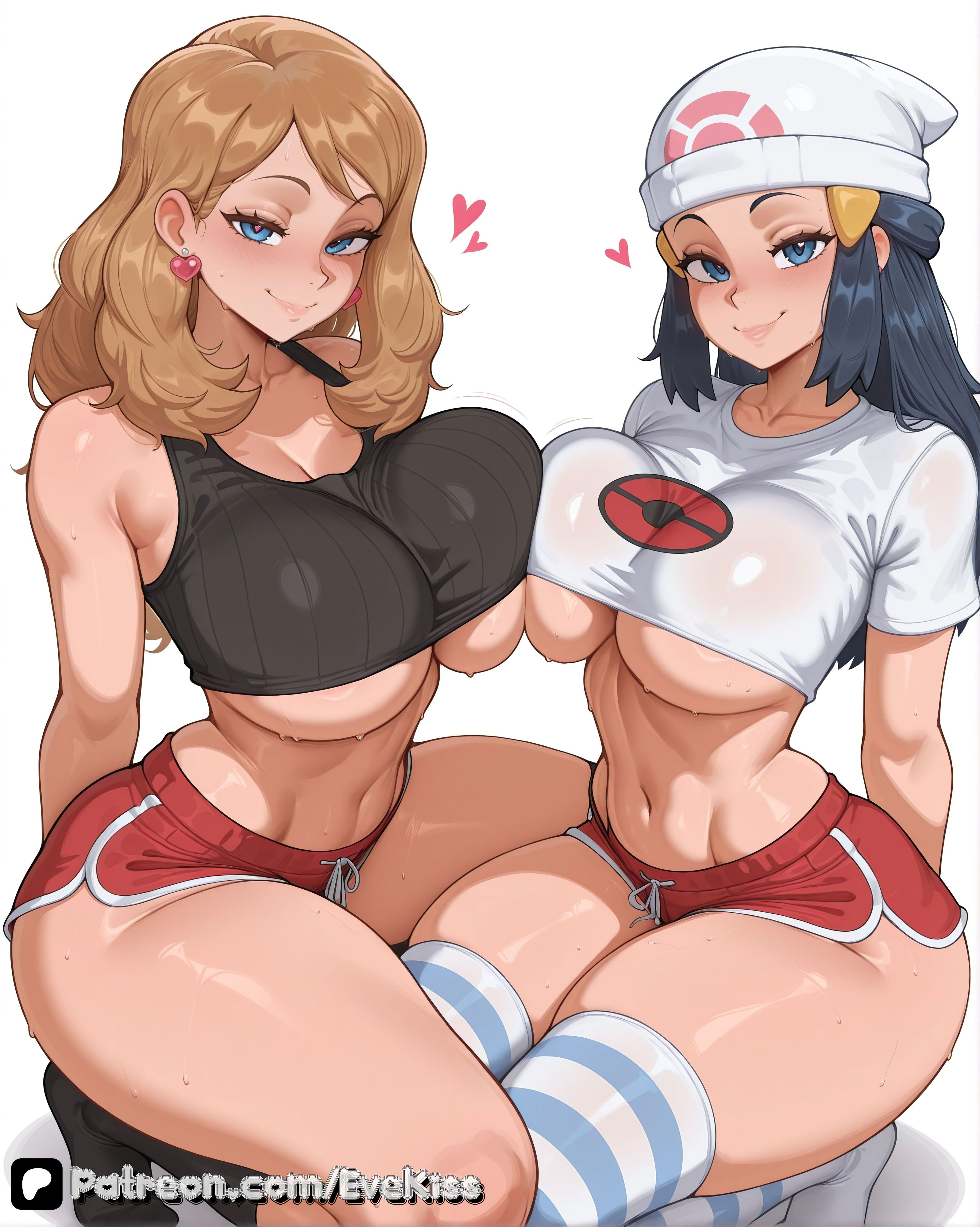 2girls, ai generated, breasts, breasts bigger than head, breasts squeezed together, curvy, curvy figure, dawn (pokemon), duo, duo female, duo focus, evekiss, female, female only, focus, hearts, large breasts, looking at viewer, nipples, pokemon, pokemon (anime), pokemon dppt, pokemon xy, pussy, serena (pokemon), sexy, socks, sport, sports bra, sports uniform, sportswear, thick thighs, thighs, uncensored, underwear, wide hips
