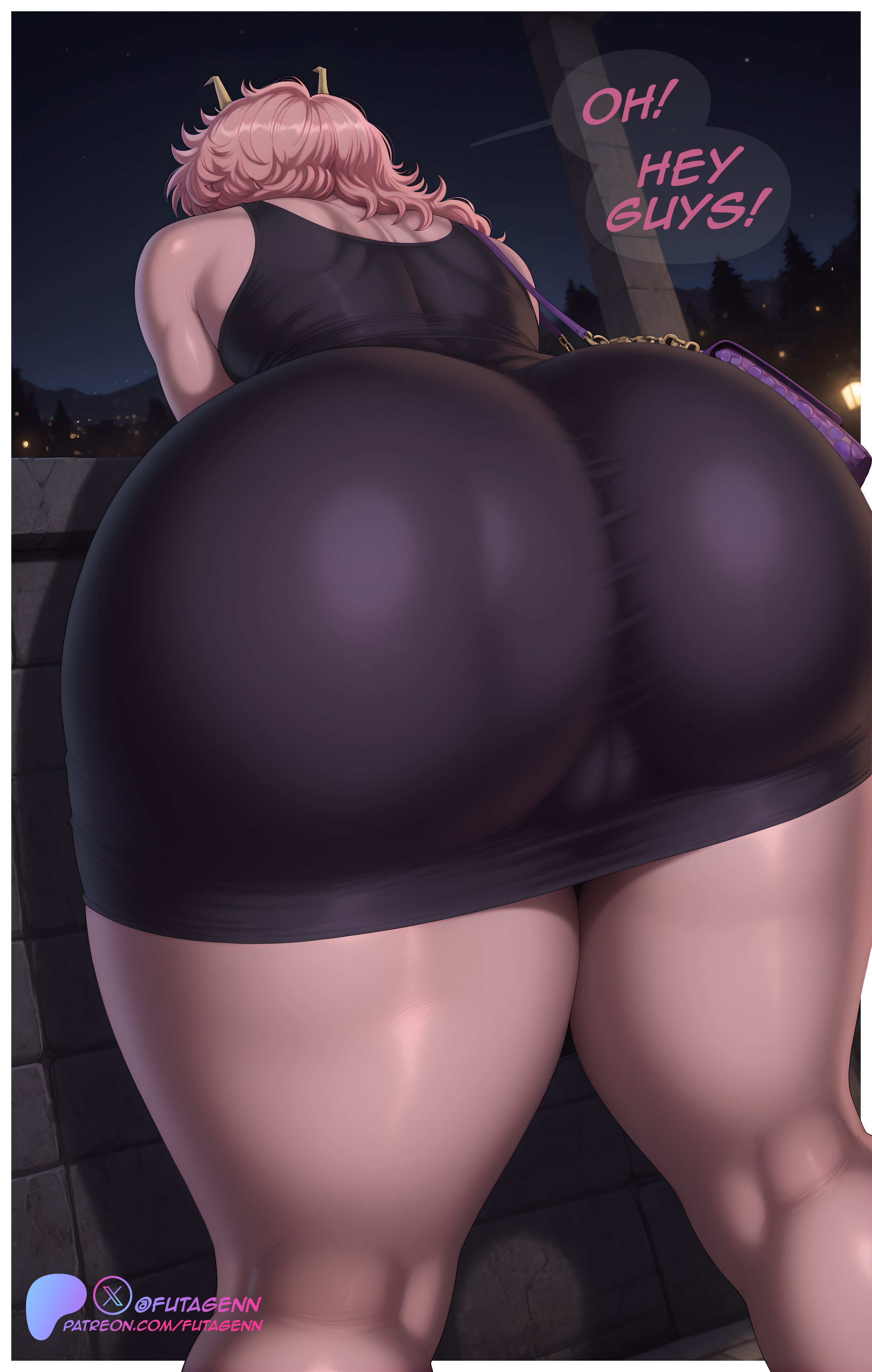 1girls, 2026, aged up, ai generated, ass, ass focus, ass of the gods, big ass, bubble butt, cameltoe, child bearing hips, dat ass, dialogue, dress, dumptruck ass, fat ass, female, female only, futagenn, horns, huge ass, milf, mina ashido, mommy, my hero academia, pink hair, pink skin, posing, posing for the viewer, spankable ass, text, thick thighs, thunder thighs, tight clothing, tight dress