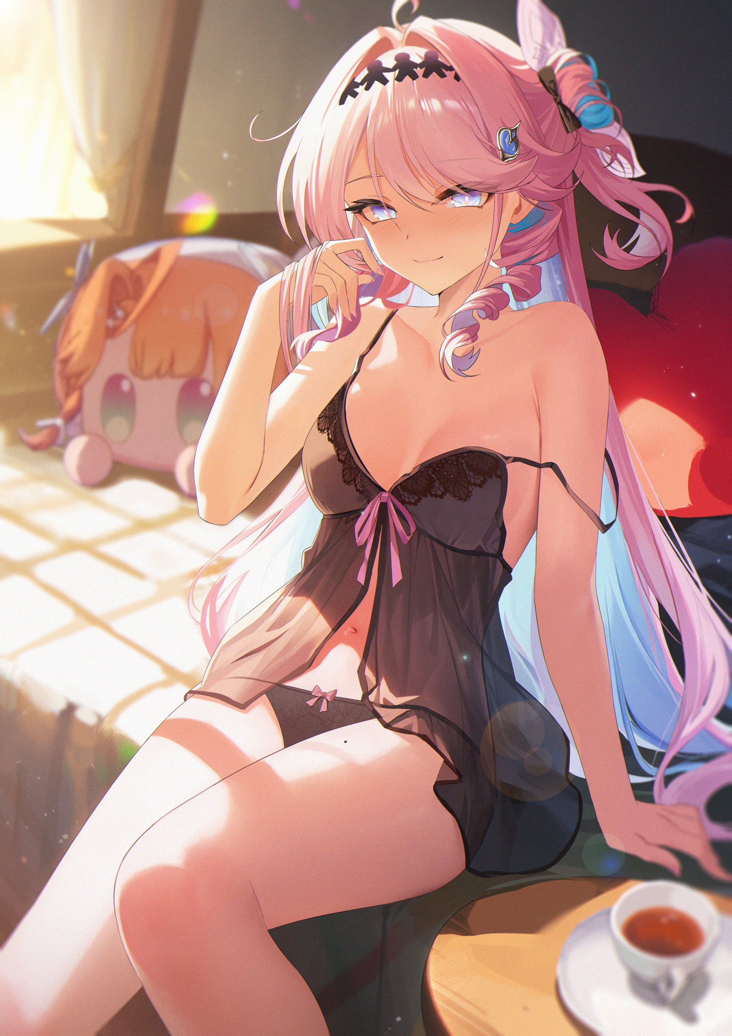 1girls, black panties, black underwear, denia (wuthering waves), female, jiang ye kiri, jygfams, long hair, panties, pink hair, purple eyes, underwear, wuthering waves