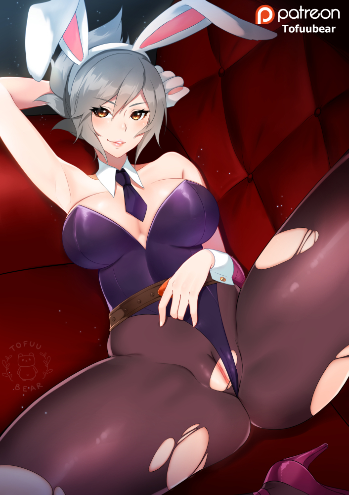 1girls, animal costume, animal ears, armpit, armpits, ass, bare shoulders, battle bunny riven, belt, black eyes, breasts, bunny costume, bunny ears, bunny girl, bunnysuit, cleavage, costume, covered breasts, female, female only, high resolution, large breasts, league of legends, leotard, looking at viewer, nail polish, nopan, pantyhose, paws, pussy, riven, short hair, silver hair, solo, spread legs, the grind series, tofuubear, torn clothes, torn clothing, torn pantyhose, vagina, white hair