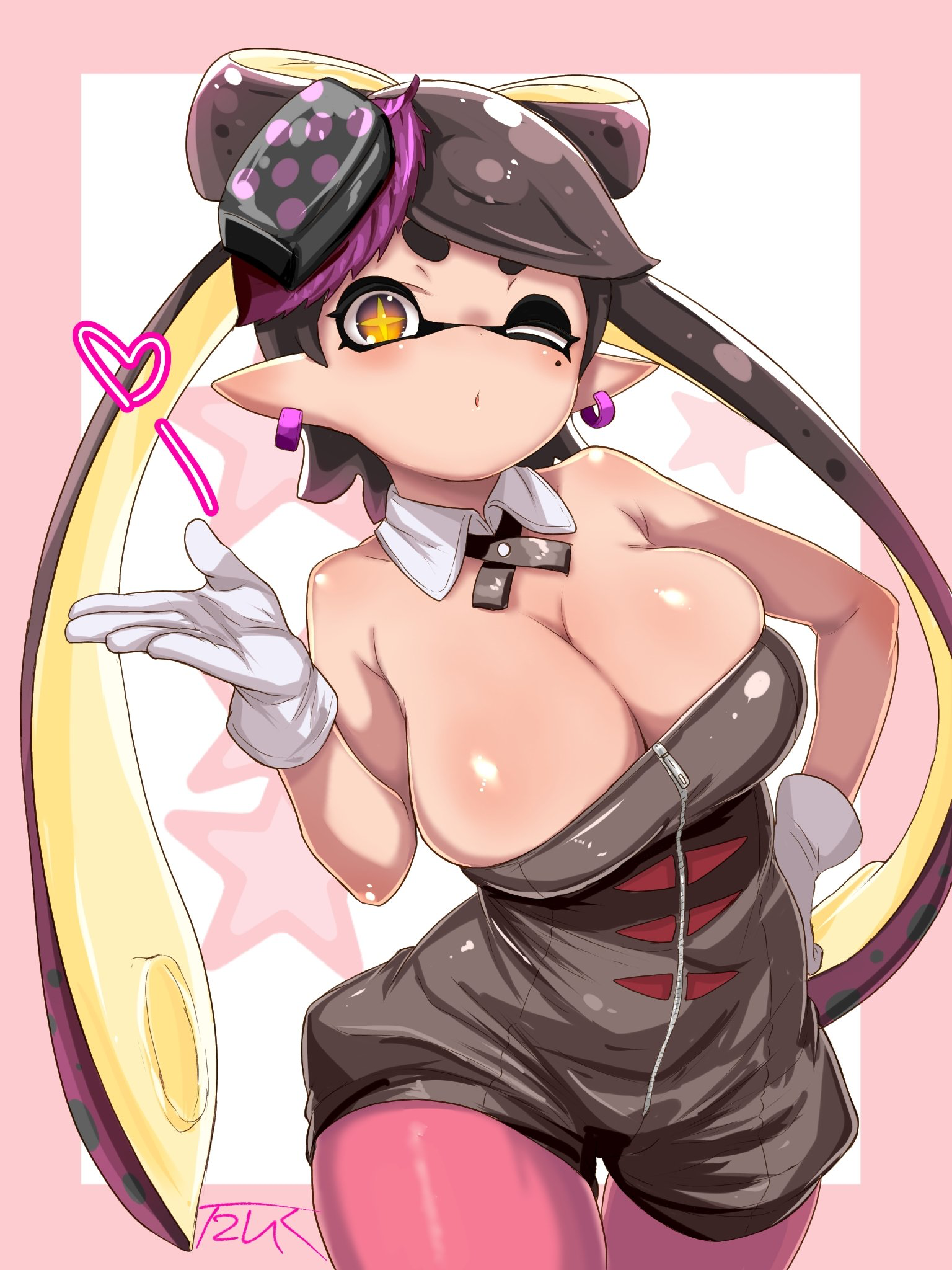 1girls, armpit crease, artist name, big breasts, black hair, black jumpsuit, blowing kiss, blush, border, bow-shaped hair, breasts, callie (splatoon), cleavage, contrapposto, cross-shaped pupils, detached collar, dress, earrings, gloves, gradient hair, hand in own hair, heart, highres, huge breasts, inkling, jewelry, jumpsuit, large breasts, long hair, looking at viewer, mole, mole under eye, multicolored hair, nintendo, one eye closed, outside border, pantyhose, pink border, pink pantyhose, pointy ears, puckered lips, purple hair, short eyebrows, short hair, short jumpsuit, signature, skindentation, solo, splatoon, splatoon (series), star (symbol), suction cups, symbol-shaped pupils, t2ukmyjm, tentacle hair, thick eyebrows, thighs, white background, yellow eyes