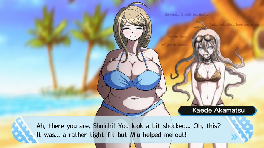 1boy, 2girls, akamatsu kaede, belly button, big breasts, blonde hair, blue bikini, breasts, cheetah print bikini, chubby, chubby female, danganronpa, danganronpa v3, dialogue, eyes closed, eyes rolling back, fat, funny, goggles, huge breasts, inconvenient breasts, iruma miu, mogging, naver, saihara shuuichi, size talk, smile, sweating, text, thick thighs