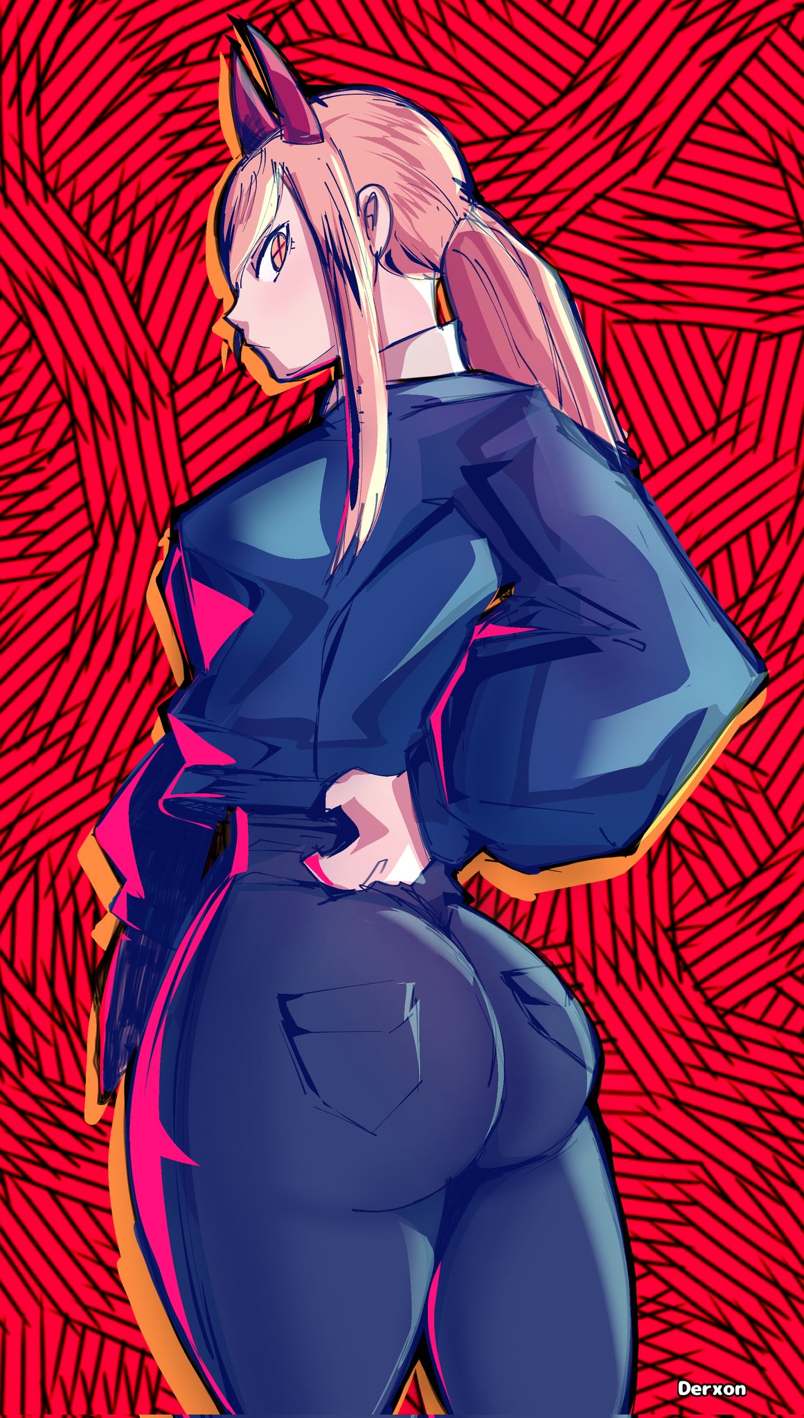 1girls, ass, ass focus, back view, big ass, blonde hair, chainsaw man, clothed, derxon, fiend, form fitting, fully clothed, glaring, horns, jacket, jeans, long hair, looking at viewer, looking back, ponytail, power (chainsaw man), shapely, shonen jump, thick ass, tight clothing, tight jeans, watermark