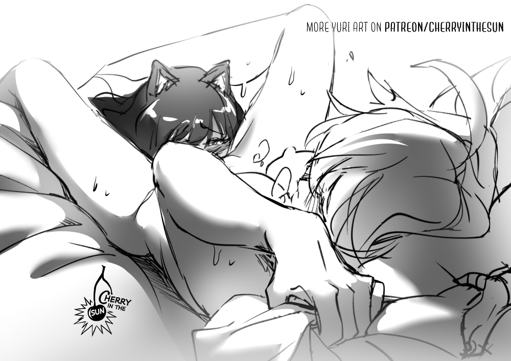 2girls, artist logo, artist name, artist signature, black and white, blake belladonna, canon couple, cat ears, cat girl, catgirl, cherryinthesun, cunnilingus, faunus, female, female only, female/female, grabbing pillow, hands behind head, kemonomimi, leg lock, leg lock cunnilingus, lesbian, lesbian sex, looking at partner, on back, on bed, oral, oral sex, rwby, sweat, sweatdrop, sweating, sweaty, yang xiao long, yuri