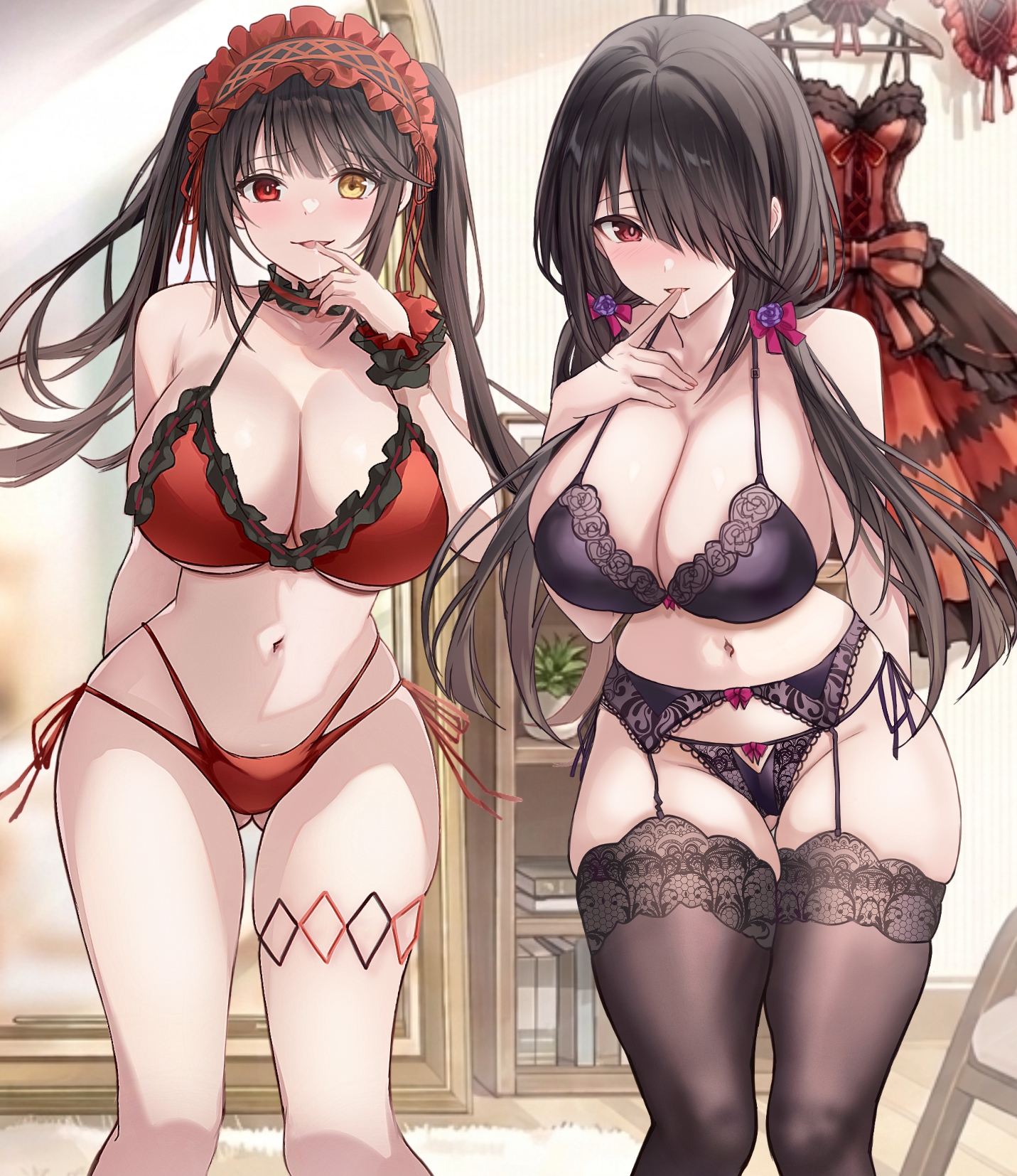 2girls, azur lane, bikini, black hair, black lingerie, blush, breasts, cleavage, date a live, garter belt, garter straps, heterochromia, huge breasts, indoors, lingerie, long hair, looking at viewer, panties, purple eyes, red bikini, red eyes, saint laurent paris, skimpy, swimsuit, thighhighs, thighs, tokisaki kurumi, very long hair, yellow eyes