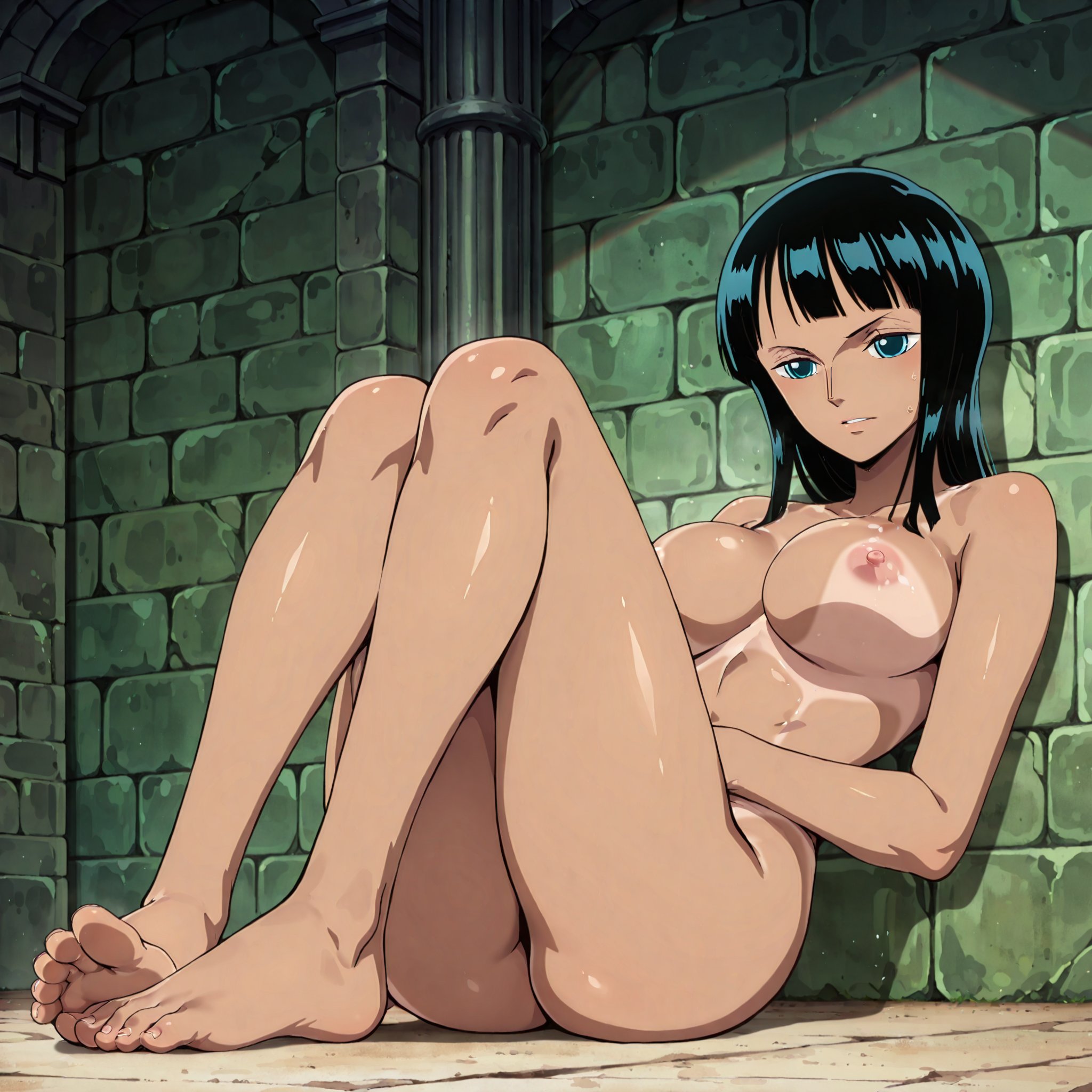1girls, ai generated, black hair, black-haired female, female, female only, nico robin, nico robin (classic), nico robin (pre-timeskip), nipples, one piece, tanline