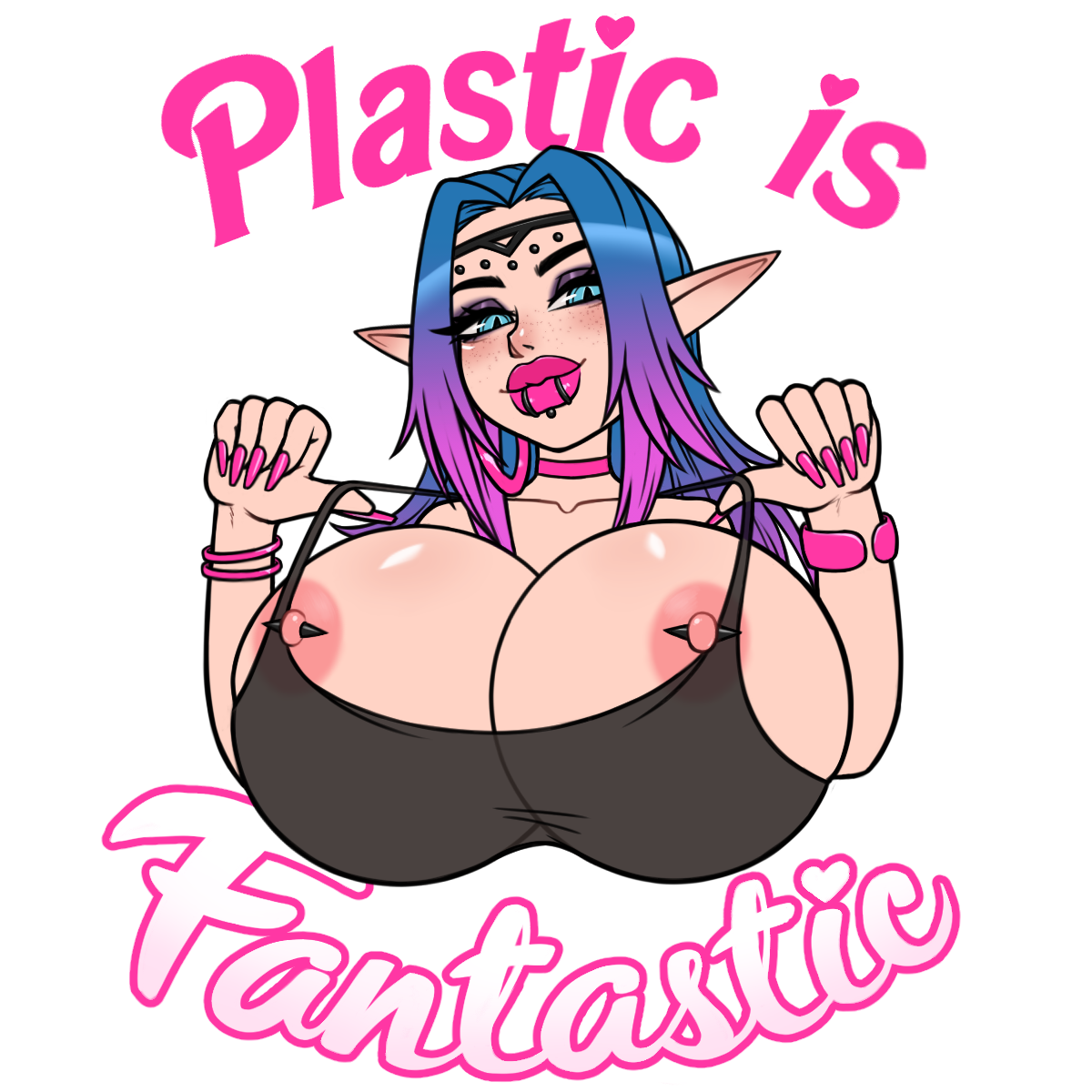 1girls, areolae, big lips, bimbo, bimbo lips, blue eyes, blue hair, blush, blushing, bracelet, breast implants, breasts, breasts bigger than head, choker, circlet, cleavage, elf, english text, enhanced breasts, eyeshadow, female, female only, freckles, freckles on face, high elf, hoop earrings, hoop earrings oversized, lip piercing, lip ring, lipstick, long fingernails, long nails, makeup, nail polish, nipple piercing, nipples, painted fingernails, painted nails, piercing, pink fingernails, pink hair, pink lipstick, pointy ears, raiounsfw, riae (xriaex), round breasts, see-through shirt, slit pupils, smile, smiling, snakebite piercing, text, thick lips, two-tone hair, warcraft, world of warcraft