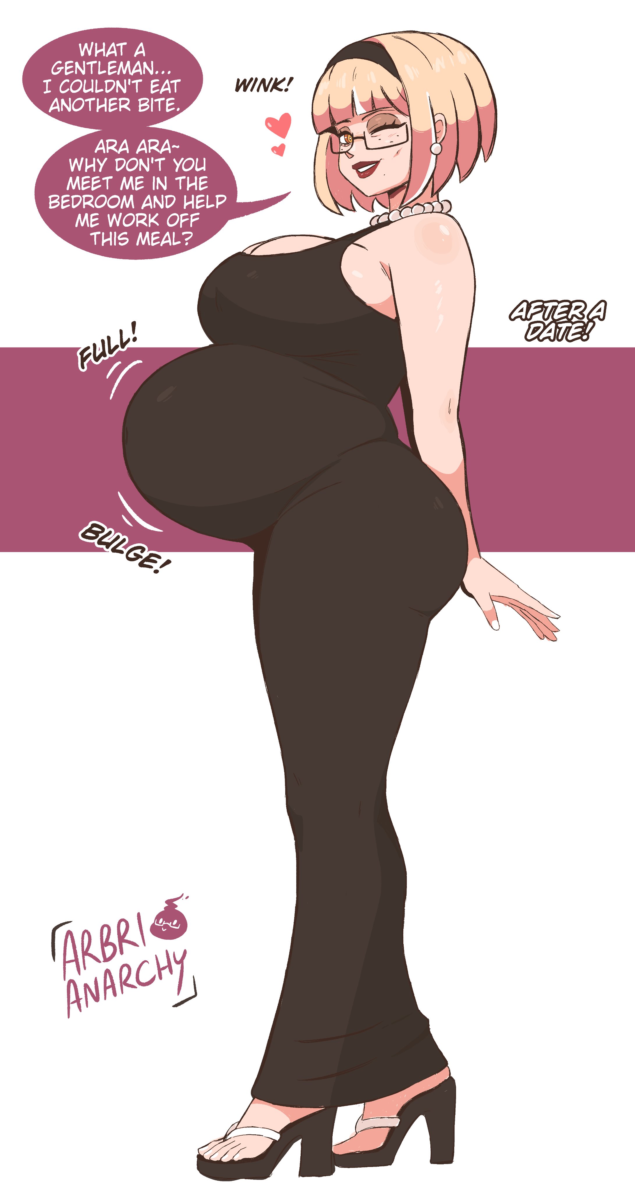 2026, 2d, 2d artwork, after date, ara ara, arbrianarchy, big breasts, blonde, blonde female, blonde hair, english dialogue, english text, full belly, glasses, high heels, oc, original character, ready to explode, stuffed, stuffed belly, tagme, tight clothes, tight clothing, tight dress, winking at viewer