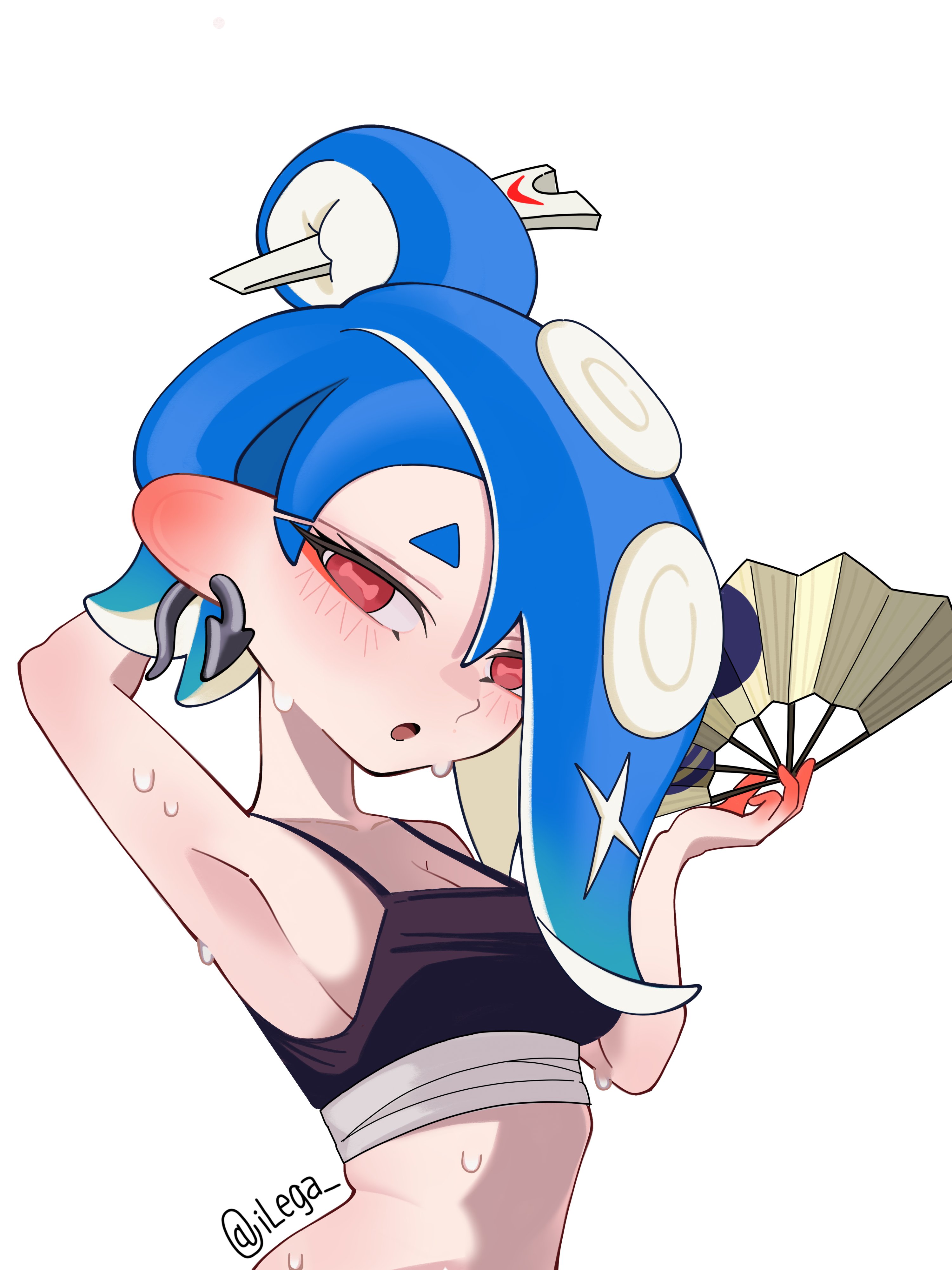 1girl, armpits, arms up, big tits, big titties, blue hair, clothing, commission, crop top, curvaceous, curvaceous female, curvaceous figure, curvy, curvy figure, curvy hips, female, female focus, female only, hair over one eye, ilega, looking at viewer, nintendo, octoling, octoling girl, pircing, red eyes, shiver (splatoon raiders), shiver (splatoon), shiver hohojiro, simple background, splatoon, splatoon (series), splatoon 3, splatoon raiders, sweat, sweatdrop, sweating
