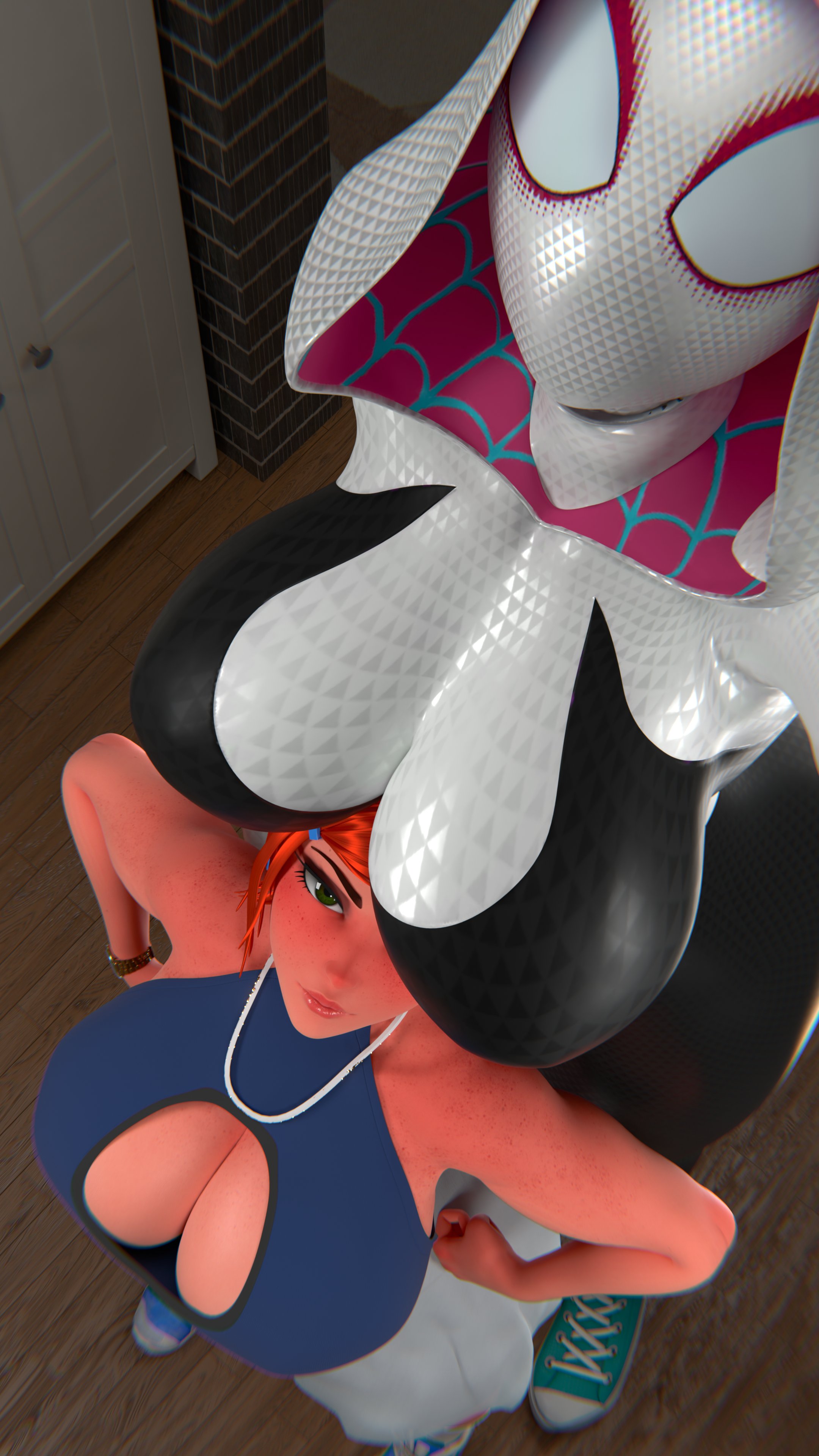 2girls, 3d, 3d (artwork), aged up, ben 10, big breasts, bigger female, breasts, dej arts, female, female focus, female only, gwen stacy, gwen tennyson, height difference, large boobs, large breasts, larger female, light skin, light-skinned female, marvel, mask, masked, masked female, multiple females, multiple girls, orange hair, orange hair female, scrag boy (model), scrag gwen, shorter female, size difference, smaller female, sony, spider-gwen, spider-man (series), spider-man: across the spider-verse, spider-man: into the spider-verse, superheroine, yuri