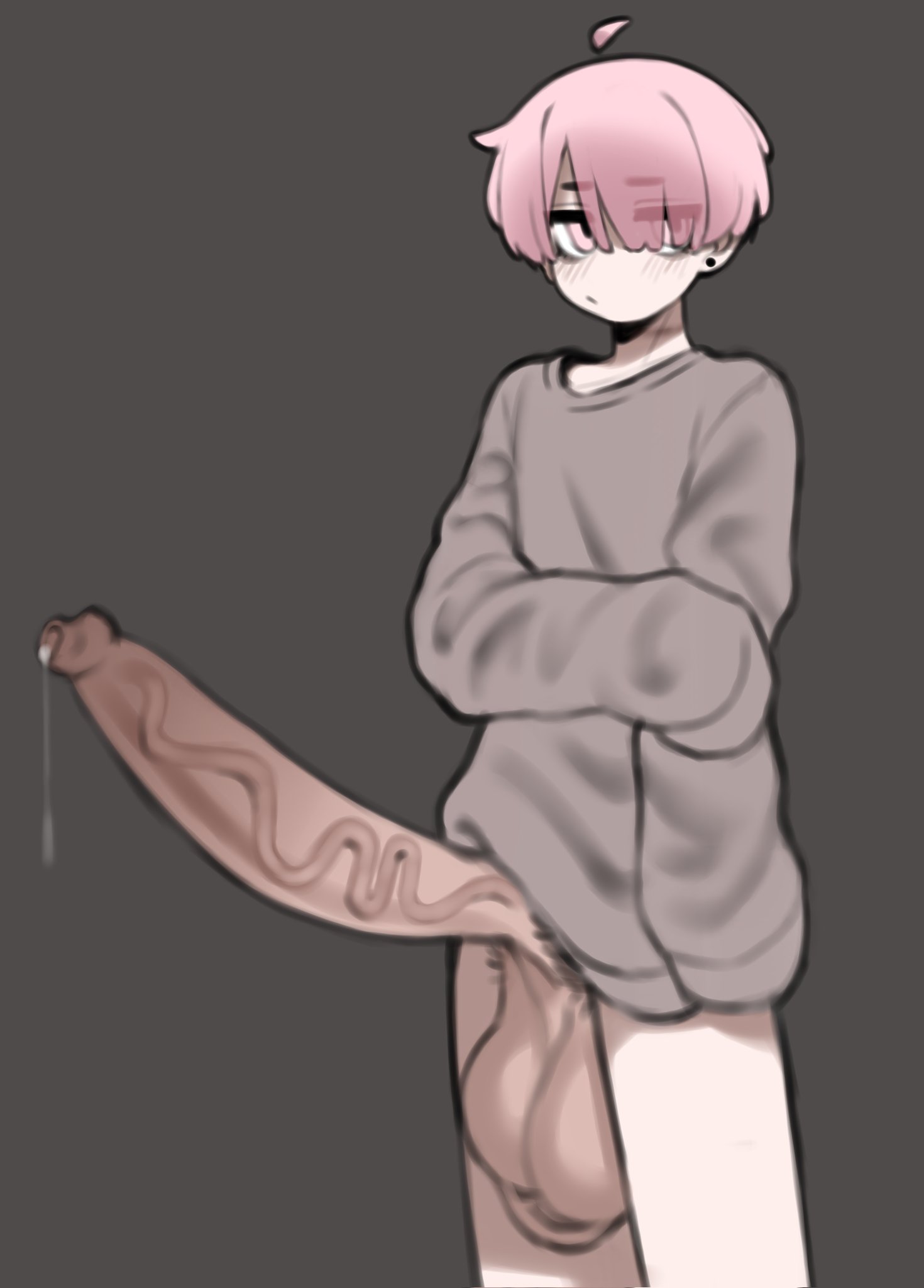 2026, 2d, baggy clothing, blank background, blush, bottomless, ear piercing, fat balls, fat cock, femboy, foreskin, grumpy, hair over one eye, hanging balls, heavy balls, huge balls, huge cock, hung trap, hyper penis, juicy cock, leaking precum, male, male only, massive penis, mctamagomaki, pale skin, piercing, pink eyes, pink hair, precum, precum drip, precum string, scrotum flap, shirt, side eye, solo male, uncircumcised, uncut, veiny penis