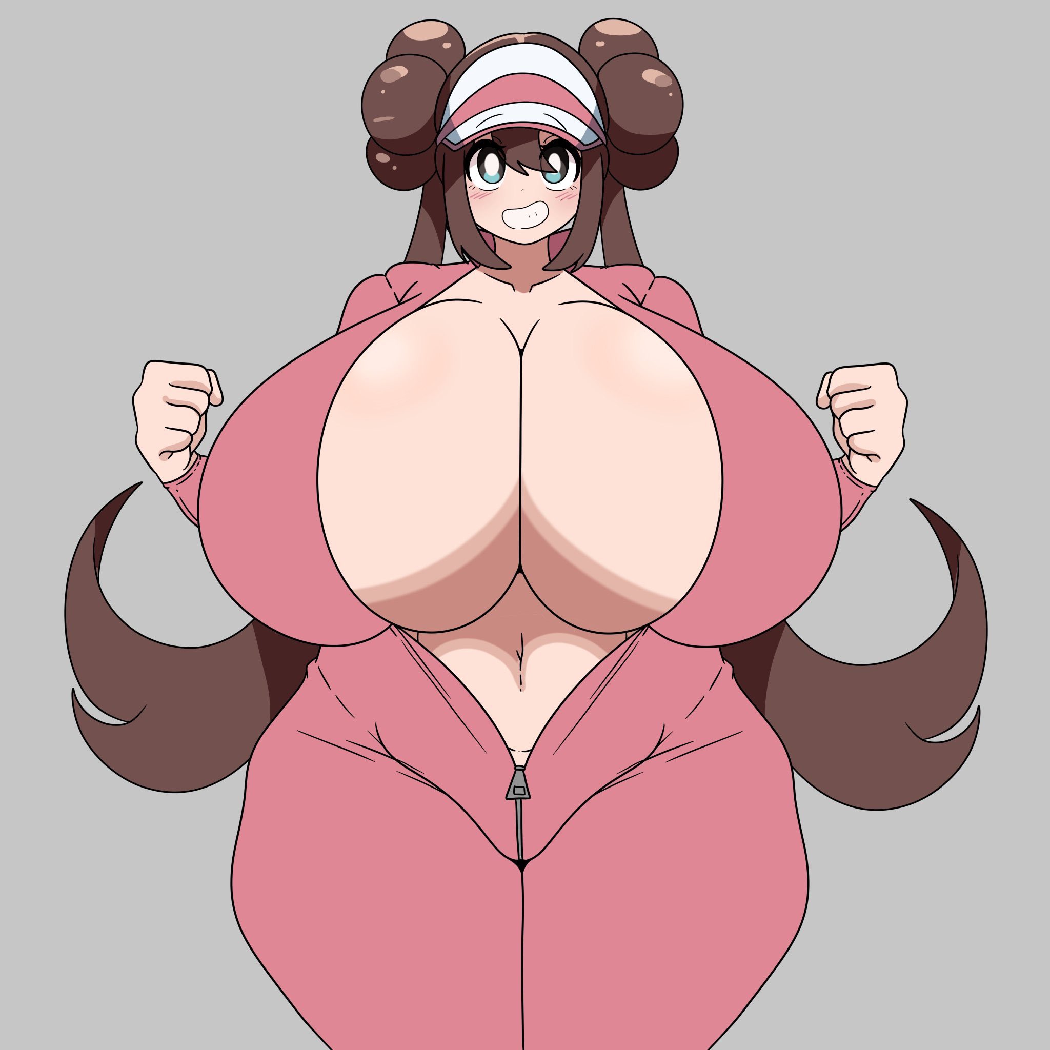 1girls, alternate body type, alternate breast size, belly, blue eyes, blue hair, blush, breasts, breasts bigger than head, brown hair, bun (hairstyle), bursting breasts, cleavage, clothed, double bun, excited, excited female, female, grin, hair bun, happy, happy female, huge breasts, hyper breasts, inakotho, jumpsuit, long hair, looking at viewer, massive breasts, mei (pokemon), open jumpsuit, pink jumpsuit, plump, pokemon, pokemon bw2, rosa (pokemon), skindentation, smile, thick thighs, tights, twintails, venus body, visor, voluptuous, wide hips, zipper, zipper down