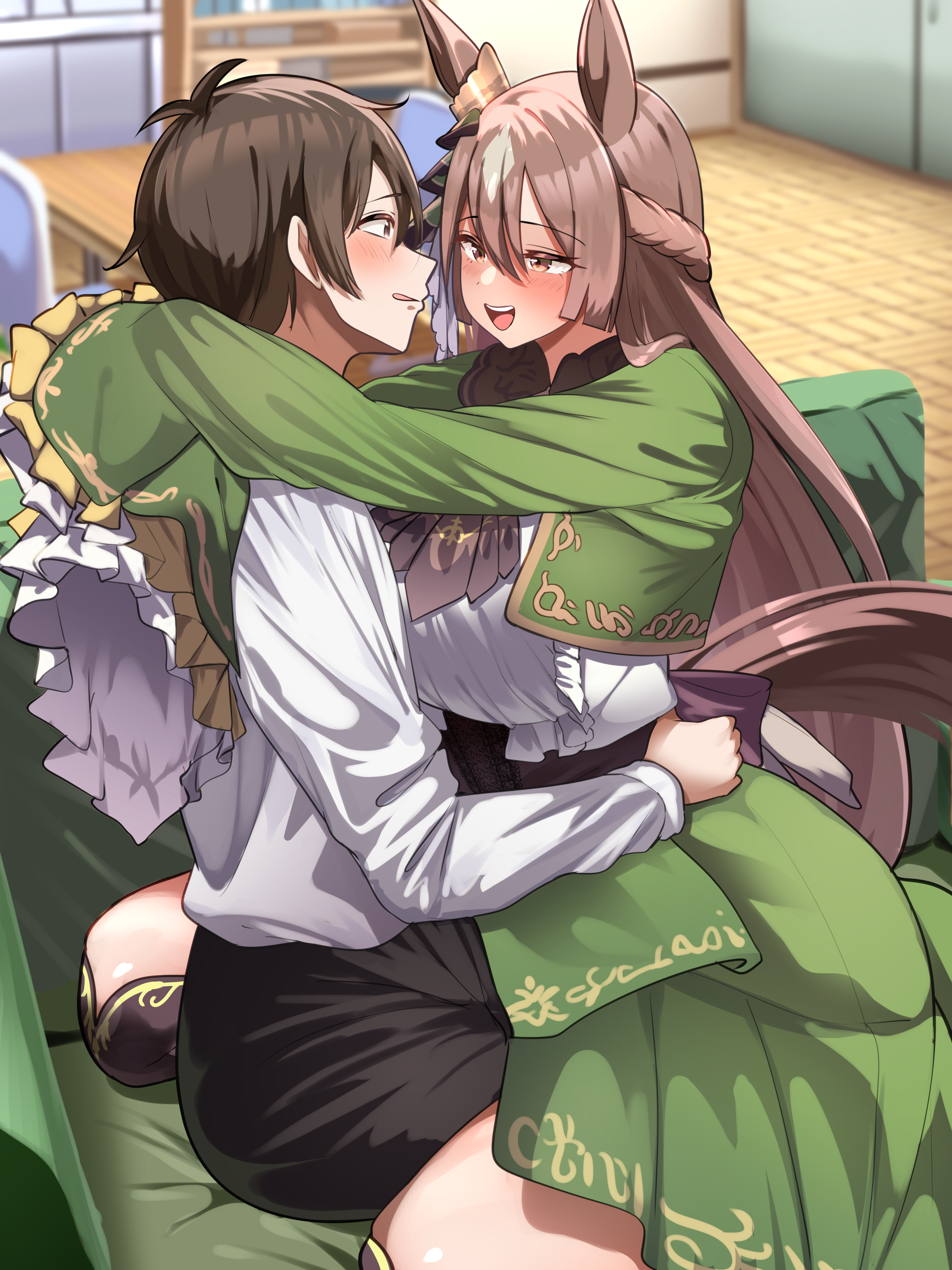 1boy, 1girls, breasts, female, hair, intimate, long hair, satono diamond (umamusume), smoke klll, straddling, umamusume