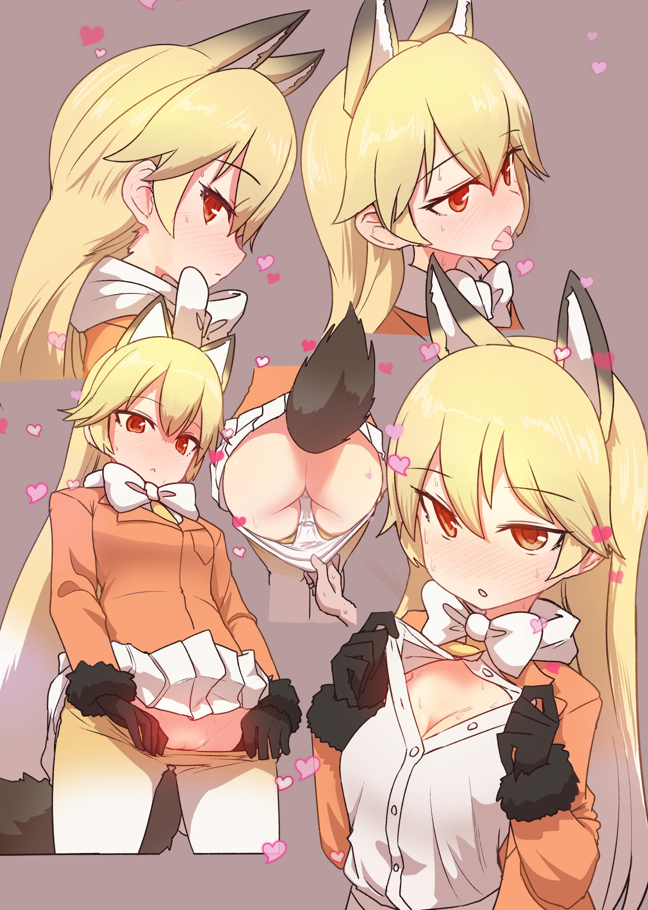 animal ears, ass, black gloves, blonde hair, blush, bow, bowtie, breasts, ezo red fox (kemono friends), female, fox ears, fox tail, gloves, hair between eyes, heart, highres, jacket, kemono friends, long hair, long sleeves, multicolored hair, open clothes, open jacket, open mouth, open shirt, panties, panty pull, pantyhose, pantyhose pull, pleated skirt, pussy, red eyes, shirt, skirt, small breasts, solo focus, sumiyao (amam), sweat, tail, tongue, tongue out, underwear, white hair, white panties