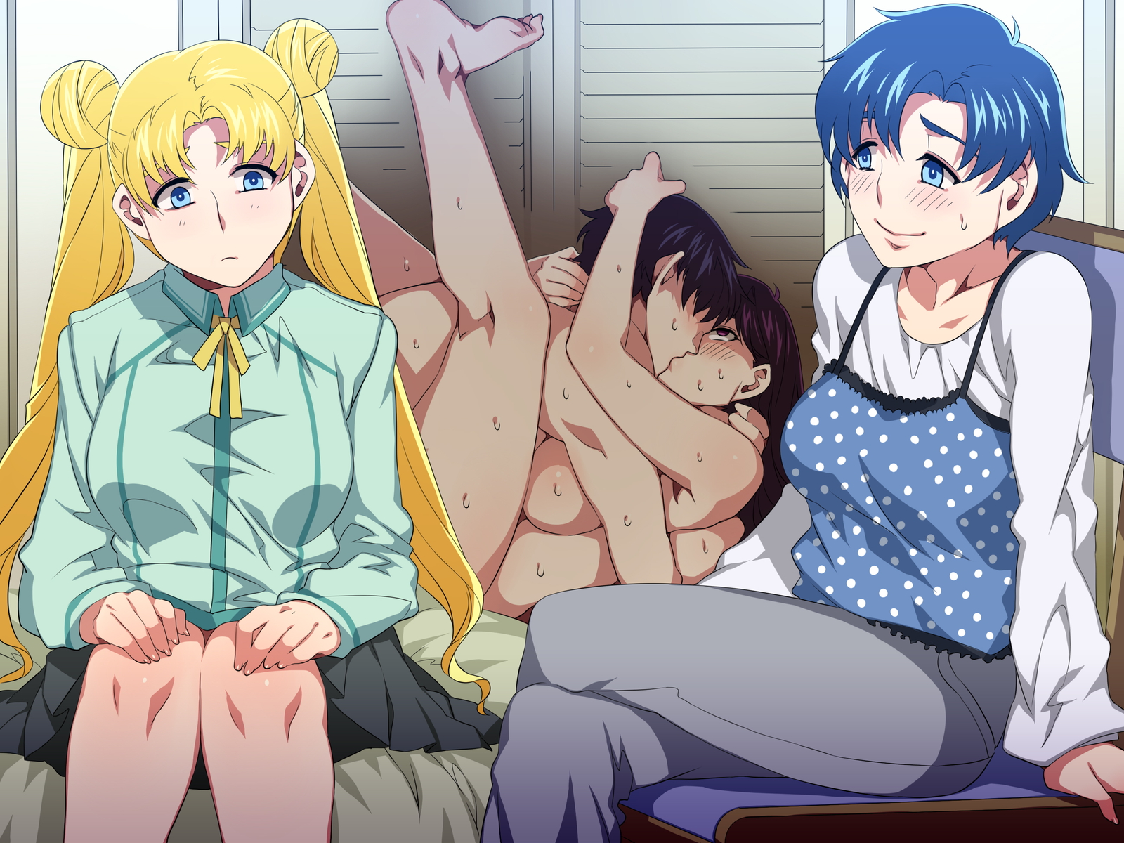 1boy, 3girls, ami mizuno, bishoujo senshi sailor moon, black hair, blonde hair, blue hair, breasts, cheating, cheating boyfriend, closet, clothes, clothing, color, cuckquean, double bun, female, fucked silly, hair bun, indoors, kiss, kissing, long hair, male, mamoru chiba, medium breasts, mizuryuu kei, multiple females, naughty face, nude, nude female, nude male, penetration, pleasure face, rei hino, reverse netorare, sex, short hair, skirt, smooth skin, straight, sweat, usagi tsukino