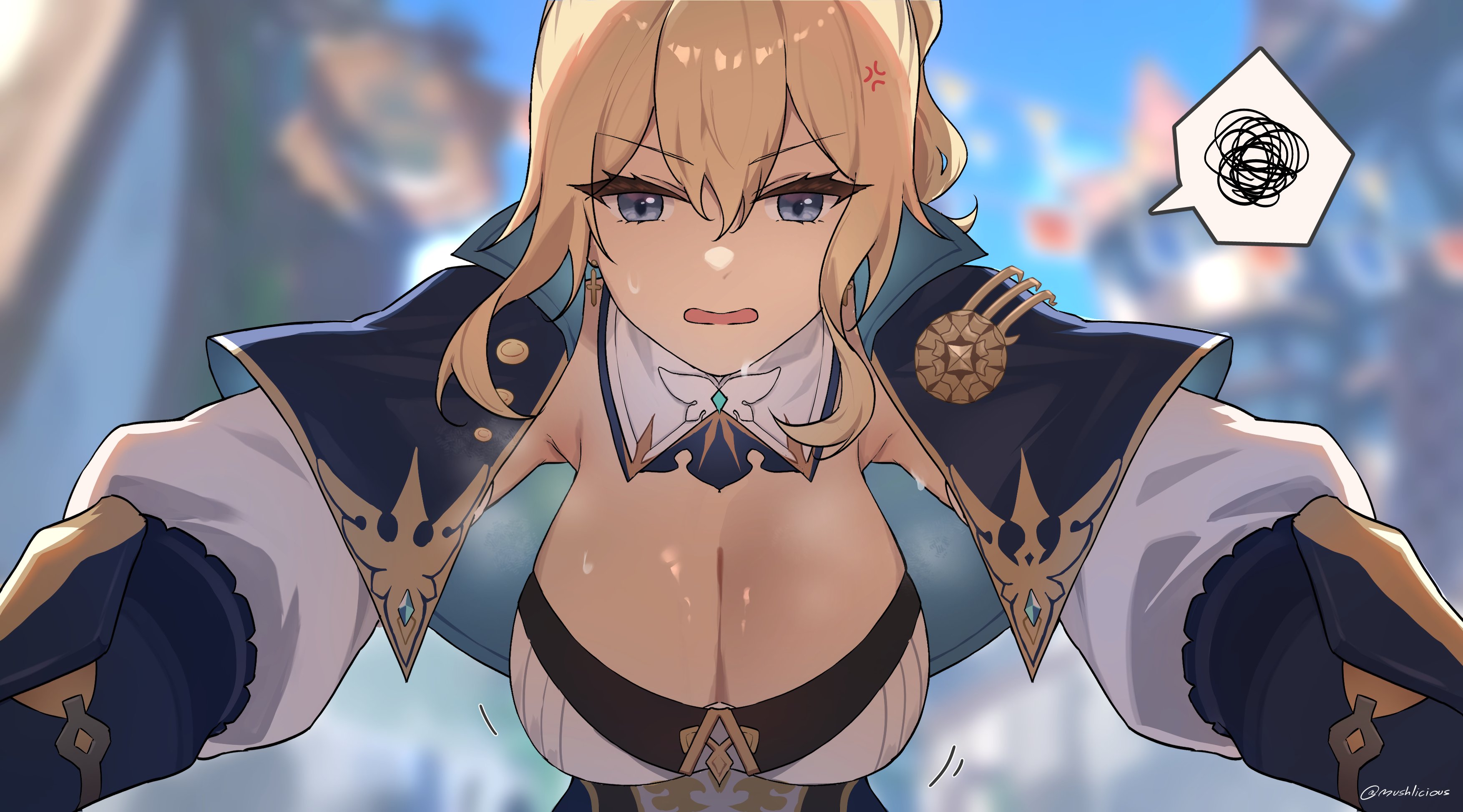 1girls, artist request, breasts, cleavage, english text, female, female focus, female only, genshin impact, jean gunnhildr, large ass, light skin, light-skinned female, looking at viewer, mushlicious, pov, solo, text