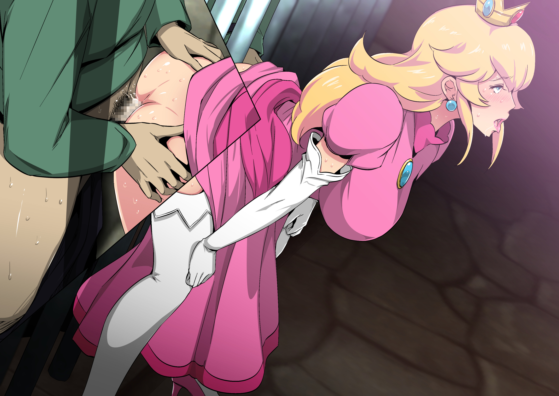 1boy, 1girls, anal, anal penetration, anal sex, ass, ass crack, ass grab, bangs, bent over, blonde hair, blue eyes, blush, bottomless, breasts, butt crack, cell, censored, close-up, clothed, clothed sex, clothing, crown, doggy style, dress, dress lift, earrings, elbow gloves, embarrassed, female, female focus, from behind position, gloves, gureko rouman, half-closed eyes, hands on own knees, high heels, highres, indoors, jail cell, large breasts, leaning forward, long dress, long hair, male, mario (series), mosaic censoring, nintendo, no panties, open mouth, penis, pink dress, princess peach, pussy, red cheeks, rolling eyes, saliva, sex, sidelocks, solo focus, standing, stud earrings, sweat, thighhighs, through bars, vaginal penetration, white gloves, white legwear