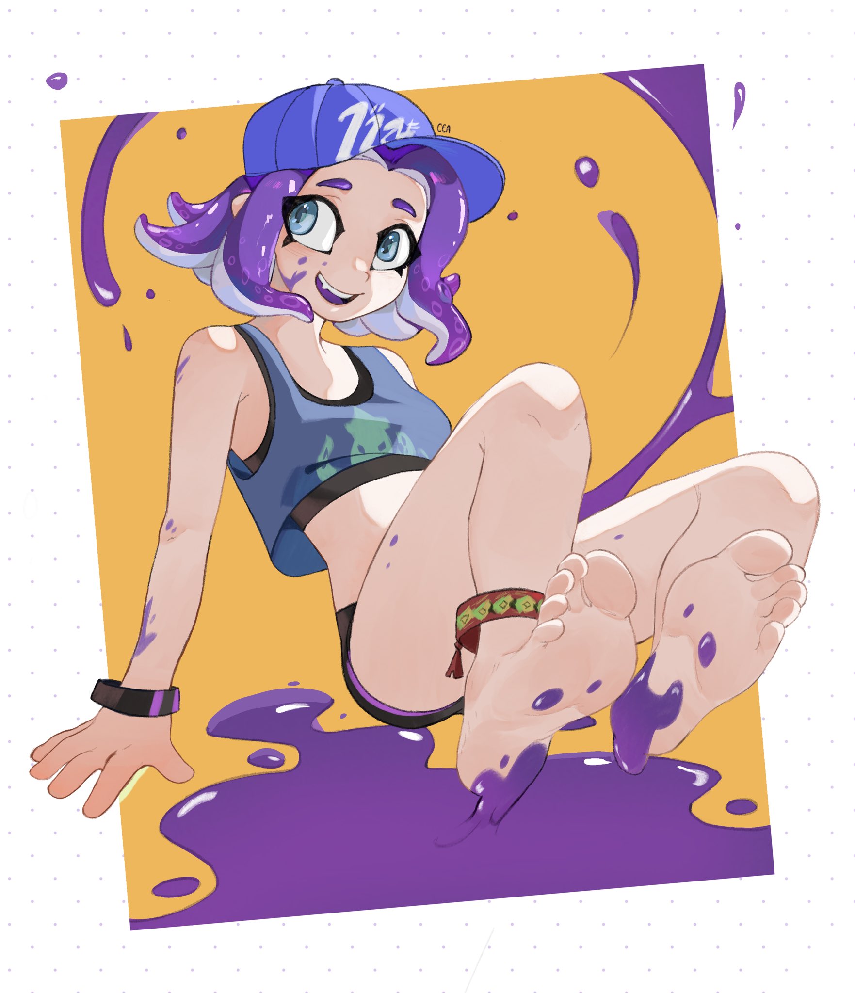 1girls, anklet, barefoot, cyadraws, dirty feet, feet, feet focus, foot fetish, footwear, ink, nintendo, octoling, simple background, splatoon