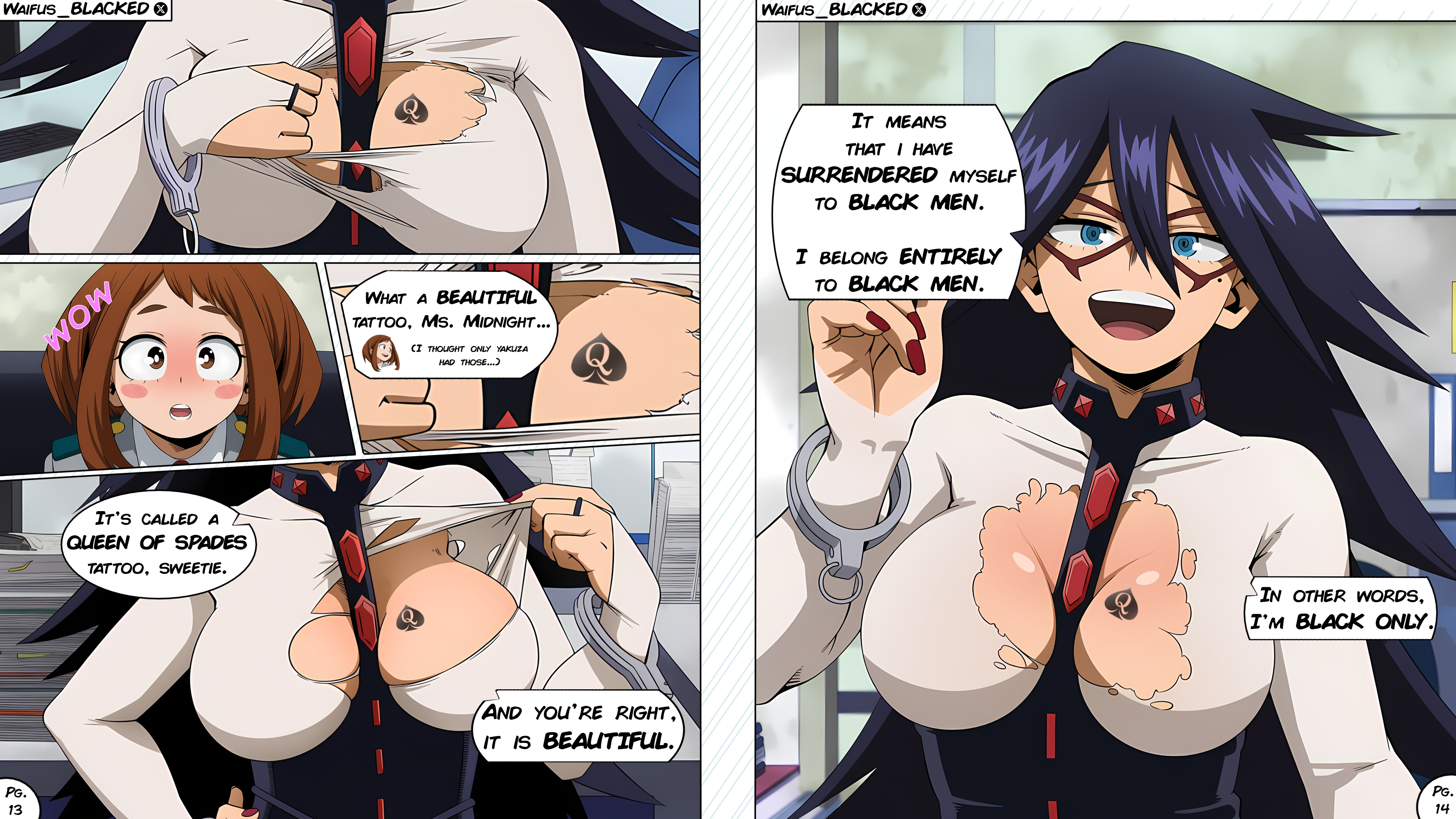 2girls, big breasts, black hair, blacked, blush, boku no hero academia, cleavage, comic, cuckquean, dialogue, english, english dialogue, english text, hotwife, large breasts, midnight (my hero academia), my hero academia, ochako uraraka, qos, qos tattoo, queen of spades, race queen, raceplay, ripped clothing, ripping clothing, spade tattoo, speech bubble, tattoo, teacher, teacher female, text, waifus blacked