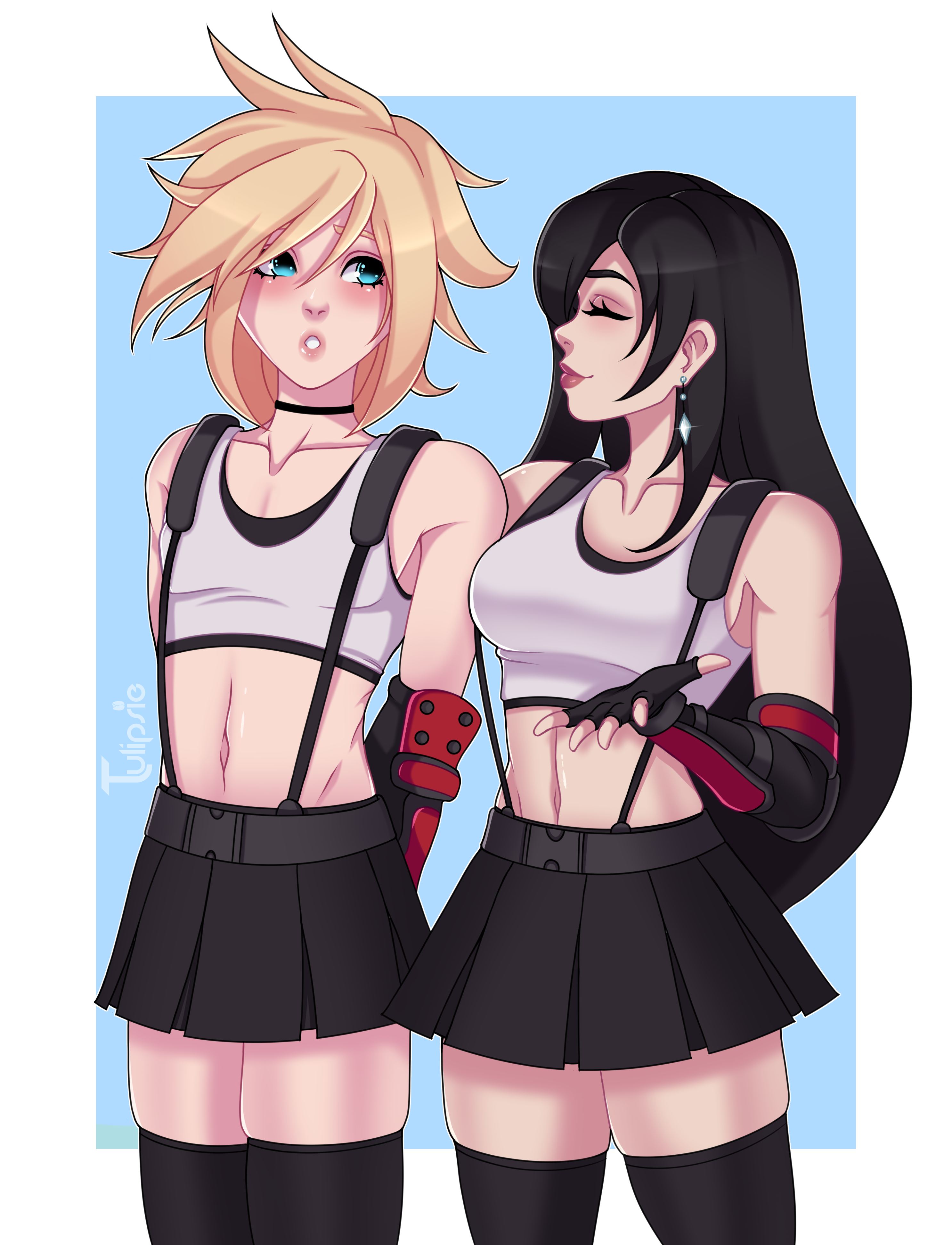 1boy, 1girls, black hair, black skirt, blonde hair, blue eyes, clothed, cloud strife, cosplay, crop top, crossdressing, female, femboy, final fantasy, final fantasy vii, fingerless gloves, holding hands, long hair, male, miniskirt, penis, penis under skirt, pleated skirt, skirt, suspenders, thighhighs, tifa lockhart, tifa lockhart (cosplay), trap, tulipsie