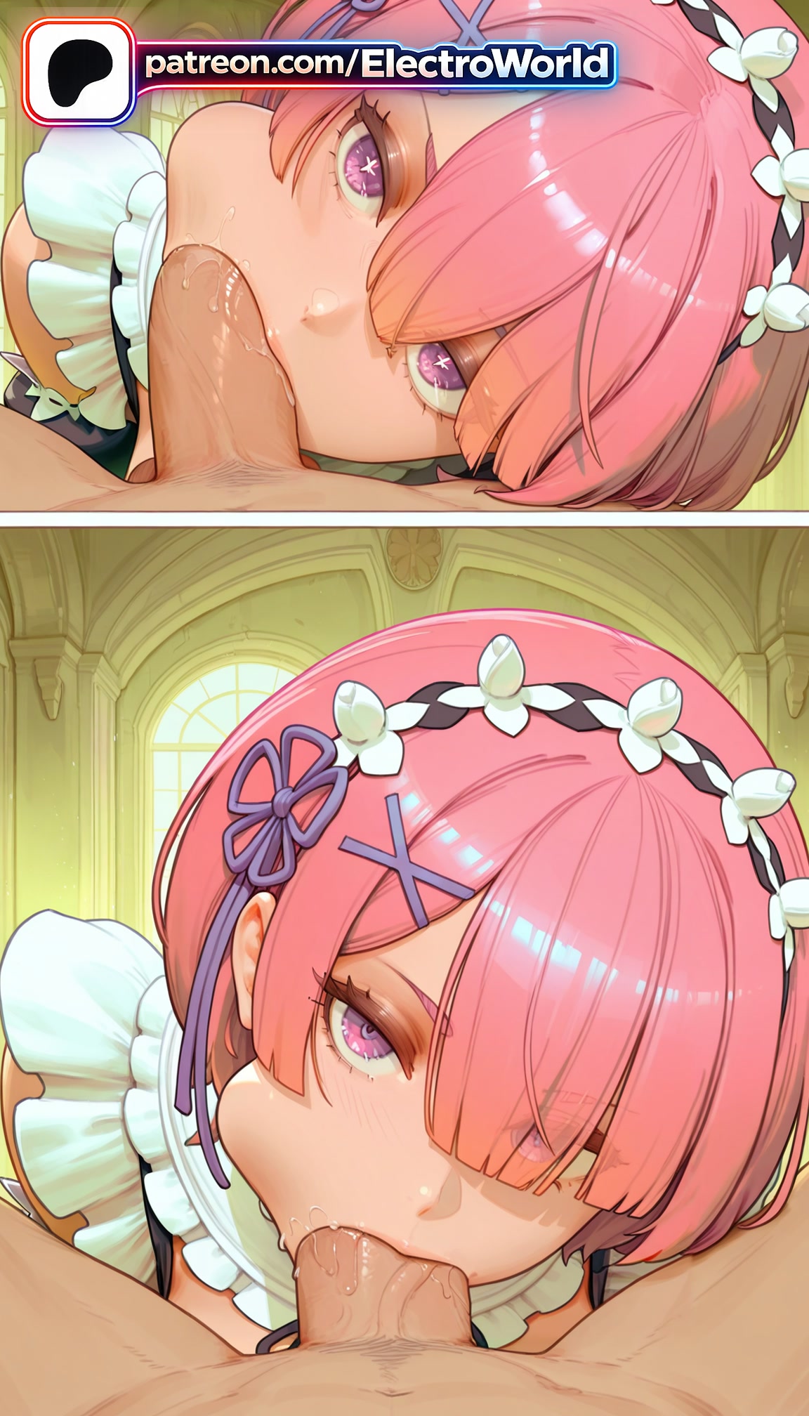 :>=, 1boy, 1girls, 2026, 2girls, ai generated, artist name, blowjob, blowjob face, cheek bulge, cock, deepthroat, dick, electroworld, fellatio, female, hair ornament, hi res, high quality, high resolution, highres, irrumatio, licking, looking at viewer, maid headdress, multiple fellatio, multiple girls, oral, oral sex, patreon, patreon username, penis, pink eyes, pink hair, pov, ram (re:zero), re:zero kara hajimeru isekai seikatsu, short hair, siblings, stable diffusion, straight, sucking, testicle sucking, twins, uncensored, watermark