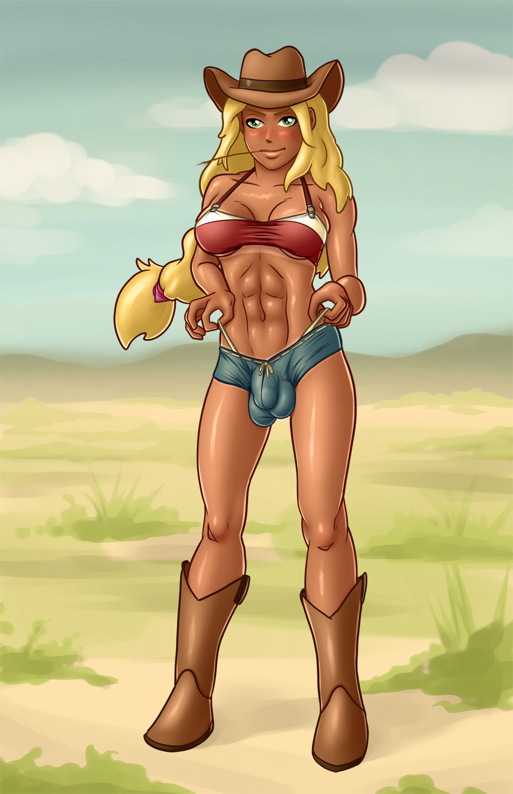 1futa, abs, applejack (mlp), ass, balls, blonde hair, breasts, bulge, cameltail, cleavage, clothes, drmorpheus, freckles, friendship is magic, full-package futa, futa only, futanari, green eyes, hat, horse, human, humanized, intersex, large breasts, long hair, looking at viewer, muscles, my little pony, penis, penis under clothes, shorts, solo, straight hair, tan skin, tanline, testicles, thong