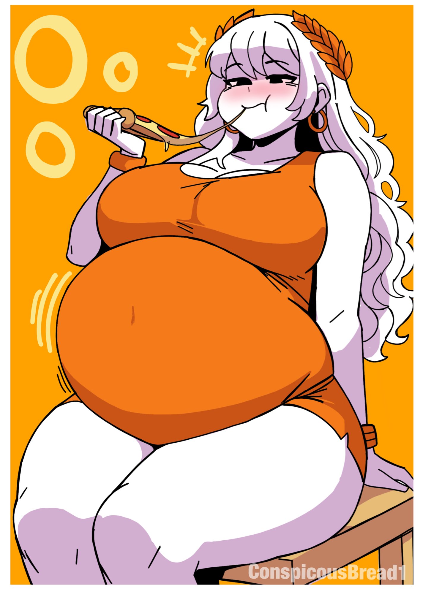 1girls, artist signature, ass, bbw, belly, belly button, big ass, big belly, big breasts, big butt, big cleopatra, blush, boobs, breasts, butt, chubby, chubby female, conspicuousbread, deep belly button, deep navel, earrings, eating, eating pizza, fat, fat ass, fat butt, fat female, ginormous belly, huge ass, huge belly, huge breasts, huge butt, large belly, large breasts, little caesars, long hair, massive belly, navel, overweight, overweight female, pizza, simple background, thick thighs, thighs, white body, white hair, white skin