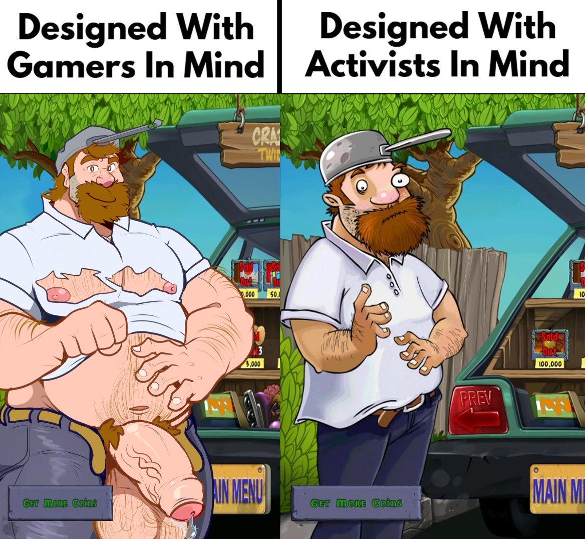1boy, 83leonce, balls, bara, bear (body type), beard, belly, belly button, belt, black eyes, brown hair, crazy dave (pvz), designed with gamers in mind, english text, gay, hairy, hairy arms, hairy chest, hairy male, human, light skin, light-skinned male, looking at viewer, male, male only, mature, mature male, meme, muscular, muscular male, nipples, pants, penis, penis out, plants vs zombies, precum, precum drip, ripped clothing, shirt, simple background, smile, solo, text, unzipped pants, veiny penis, white shirt, yaoi