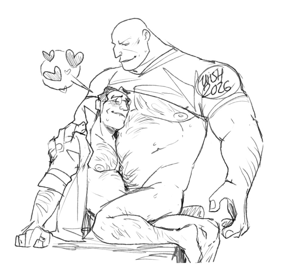 2boys, anal, anal sex, arm hair, bald, bald male, chest hair, clothing, duo, gay, gay sex, hearts, heavy (team fortress 2), human, human on human, human only, implied penetration, larger male, looking at another, male, male nipples, male/male, mammal, mature, mature male, medic (team fortress 2), nipples, sitting, sitting on lap, size difference, smaller male, smaller penetrating bigger, team fortress 2, wishfulsketching, yaoi