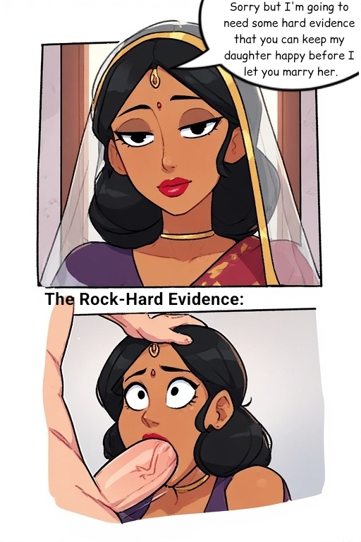 1boy, 1girls, ai assisted, ai generated, bindi, black eyes, black hair, blowjob, dark-skinned female, fellatio, female, female focus, forehead jewel, girlfriend's mother, human, indian, indian clothes, indian female, instant loss, instant loss 2koma, interracial, male, mother, mother-in-law, mother-in-law and son-in-law, oral, oral sex, penis, saree, sari, shocked, shocked expression, shocked eyes, solo focus, son-in-law, straight, sucking, sucking penis, text, text bubble