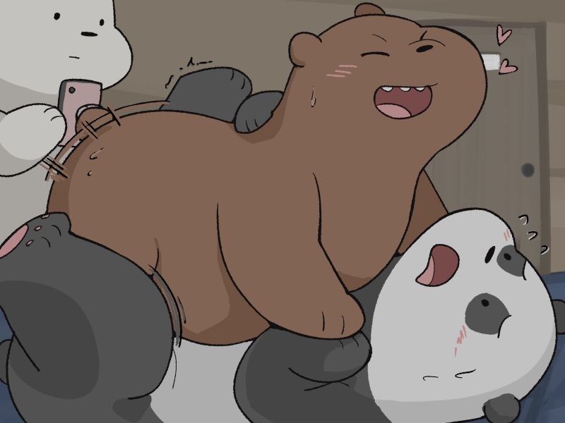 4:3 anthro blush bodily_fluids brown_bear brown_body brown_fur cartoon_network cellphone fur giant_panda grizzly_(wbb) grizzly_bear group heart ice_bear male male/male mammal panda_(wbb) phone polar_bear sex sweat technical_incest teeth ursid ursine we_bare_bears yatosuke