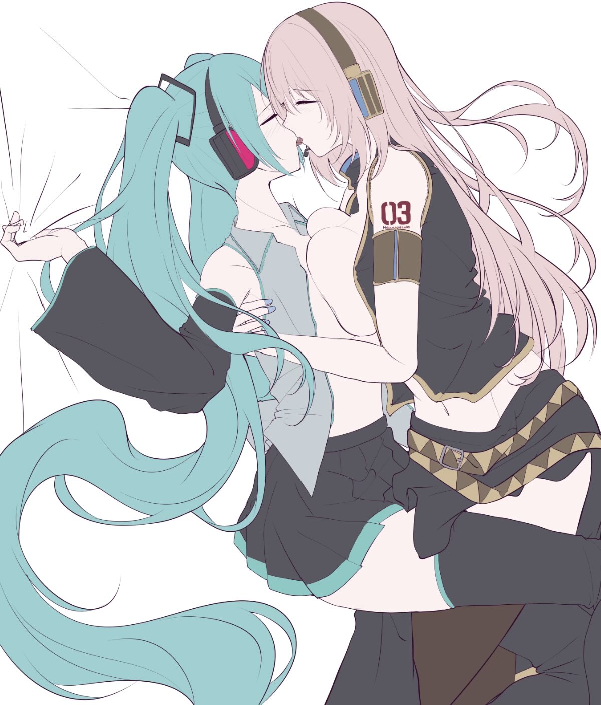 0001shironu, 2girls, aqua hair, asymmetrical docking, bare shoulders, belt, black skirt, blue nails, breast press, breasts, breasts squeezed together, closed eyes, detached sleeves, french kiss, grey shirt, gripping sheets, hatsune miku, headphones, kiss, kissing, large breasts, leg between thighs, lesbian kiss, long hair, megurine luka, midriff, multiple girls, nail polish, navel, number tattoo, only female, open clothes, open shirt, pink hair, pleated skirt, shirt, side slit, skirt, sleeveless, sleeveless shirt, tattoo, thighhighs, tongue, tongue kiss, tongue out, twintails, very long hair, vocaloid, yuri, zettai ryouiki
